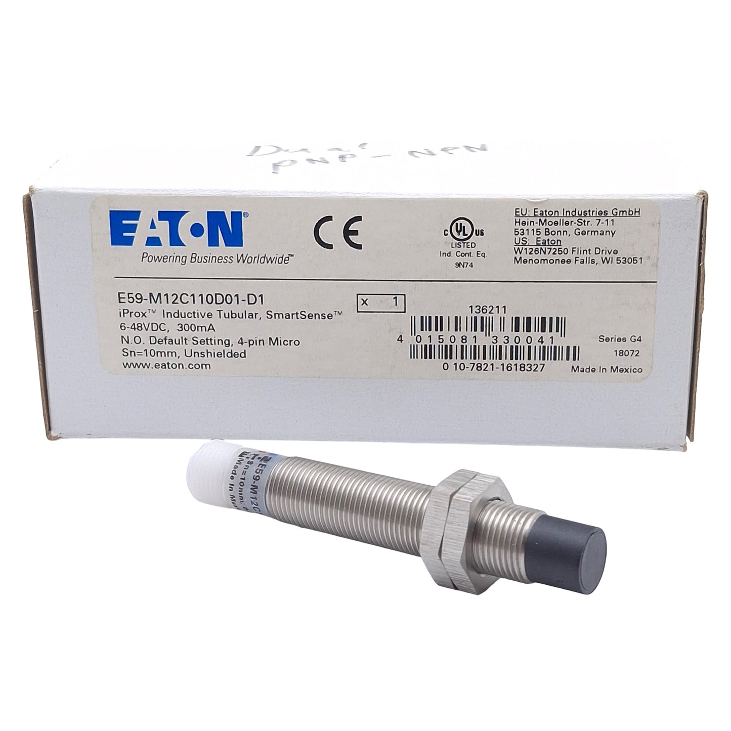 New Eaton E59-M12C110D01-D1 Proximity Sensor, NPN/PNP, 10mm Range, 6-48VDC, M12