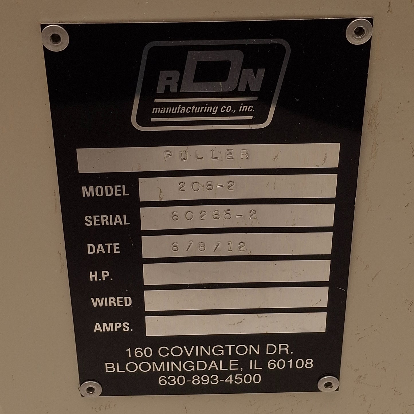 Used RDN Mfg 206-2 Extrusion Puller Head, 2in Belt Width, 1/2in OD Capacity, 6in L