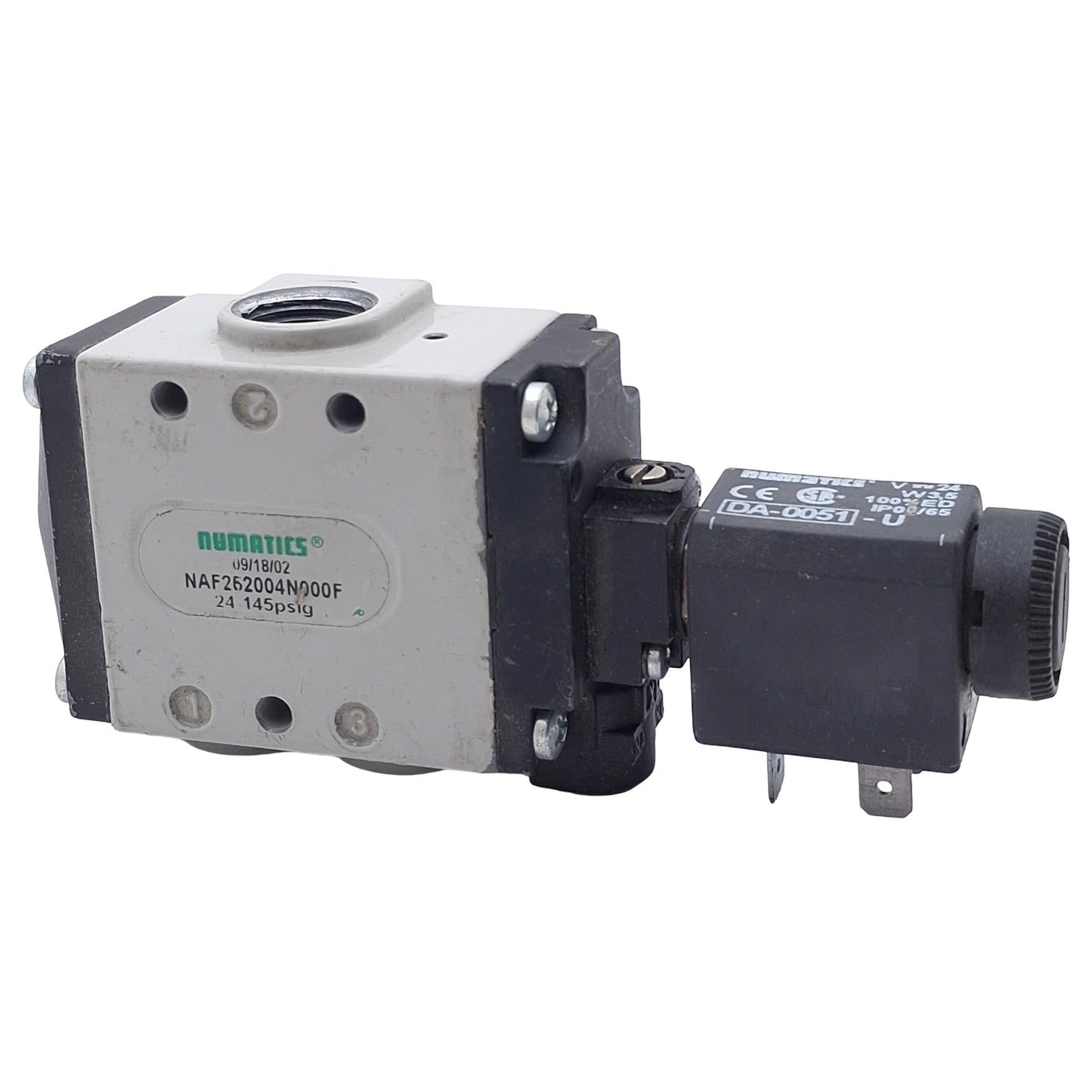 Used Numatics NAF252004N000F Solenoid Valve, 3/2-Way 3/8in NPT, 24-145psi, 24VDC Coil