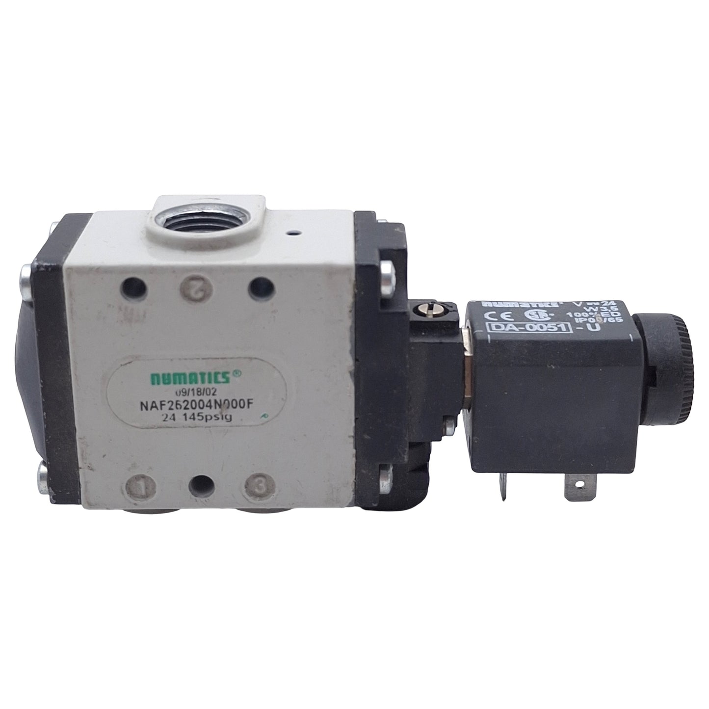 Used Numatics NAF252004N000F Solenoid Valve, 3/2-Way 3/8in NPT, 24-145psi, 24VDC Coil