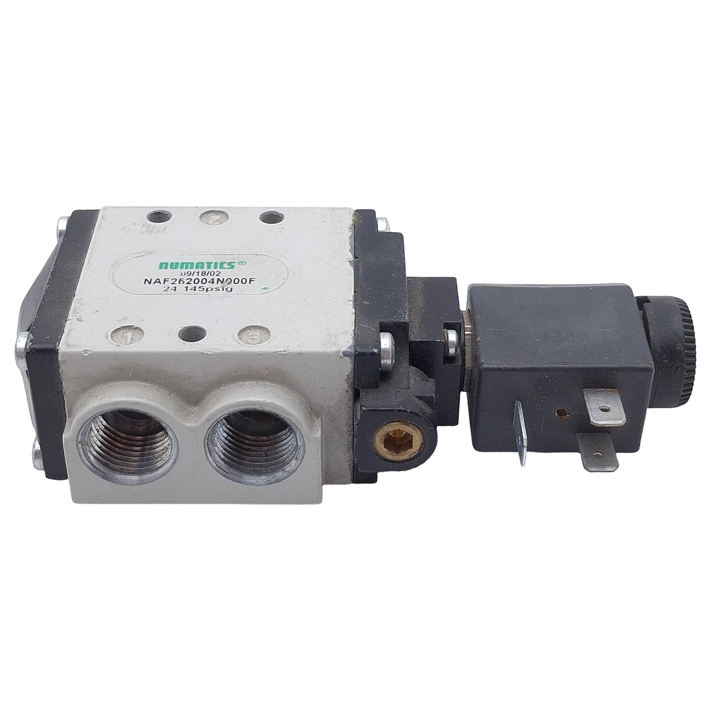 Used Numatics NAF252004N000F Solenoid Valve, 3/2-Way 3/8in NPT, 24-145psi, 24VDC Coil