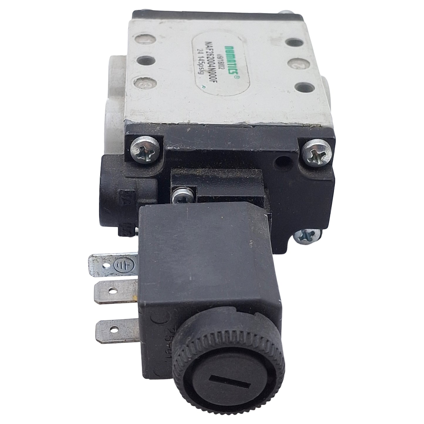 Used Numatics NAF252004N000F Solenoid Valve, 3/2-Way 3/8in NPT, 24-145psi, 24VDC Coil