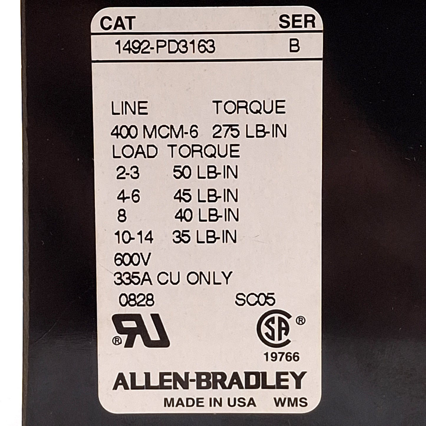 New Allen Bradley 1492-PD3163 Power Distribution Block, 3-Pole, 1-Line 6-Load, 335A
