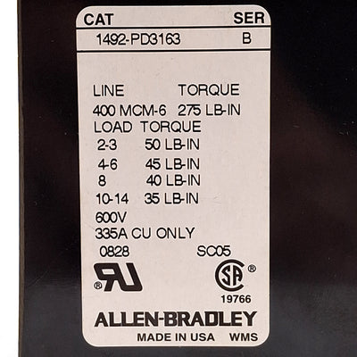 New Allen Bradley 1492-PD3163 Power Distribution Block, 3-Pole, 1-Line 6-Load, 335A