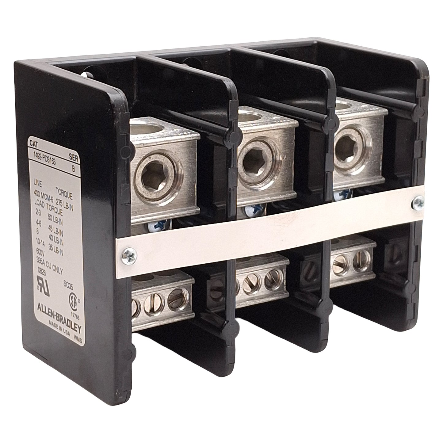 New Allen Bradley 1492-PD3163 Power Distribution Block, 3-Pole, 1-Line 6-Load, 335A