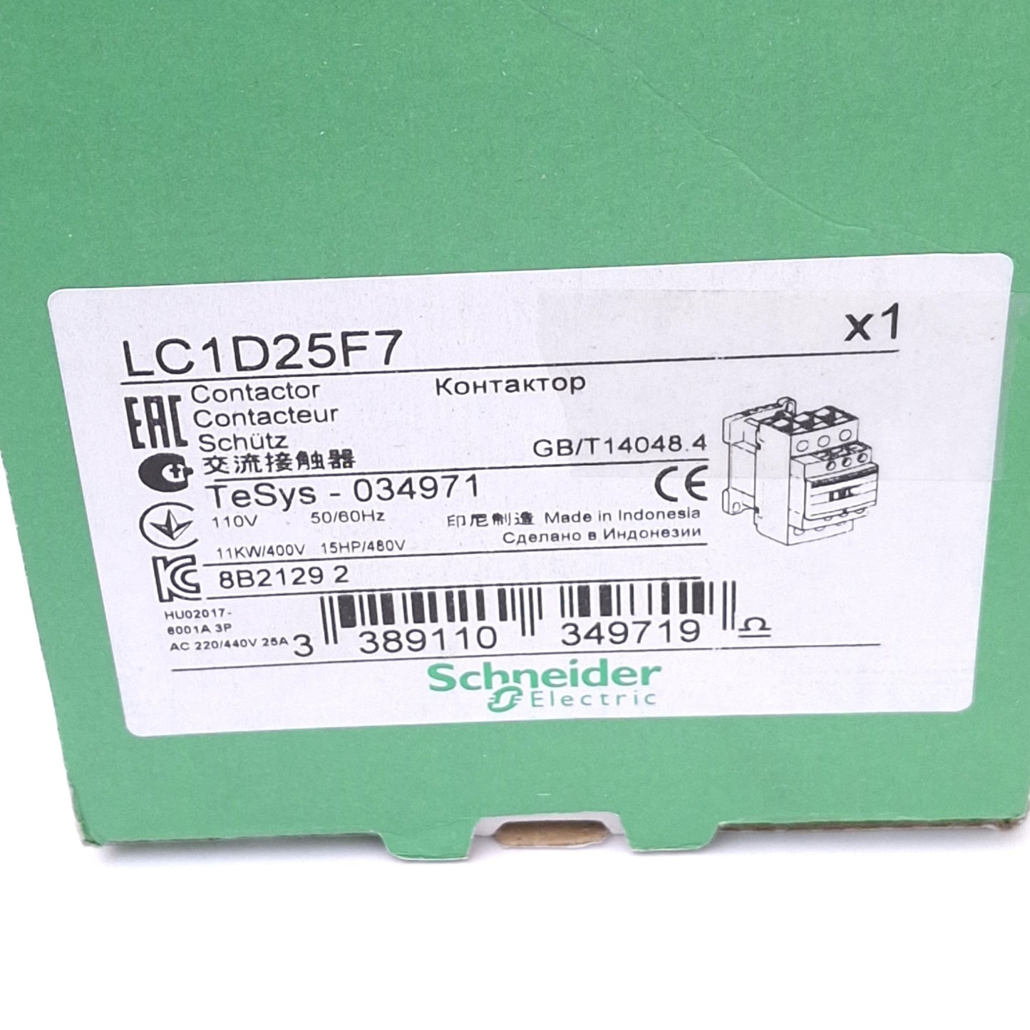 New Schneider Electric LC1D25F7 Contactor, 3-Pole 25A, 11kW 400VAC Max, 110VAC Coil