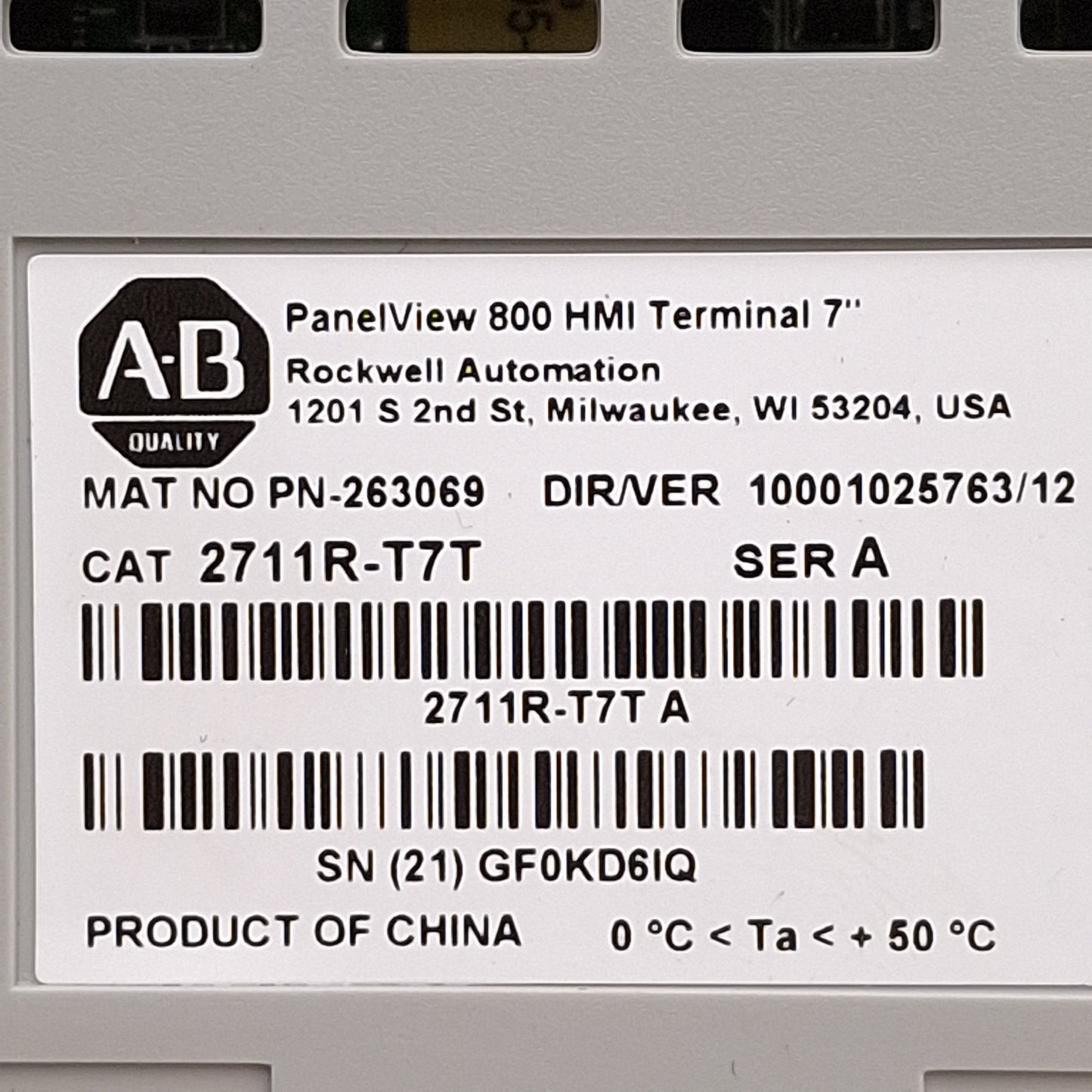 Used Allen Bradley 2711R-T7T PanelView 800 Touchscreen HMI, 7in, 800x480, 24VDC