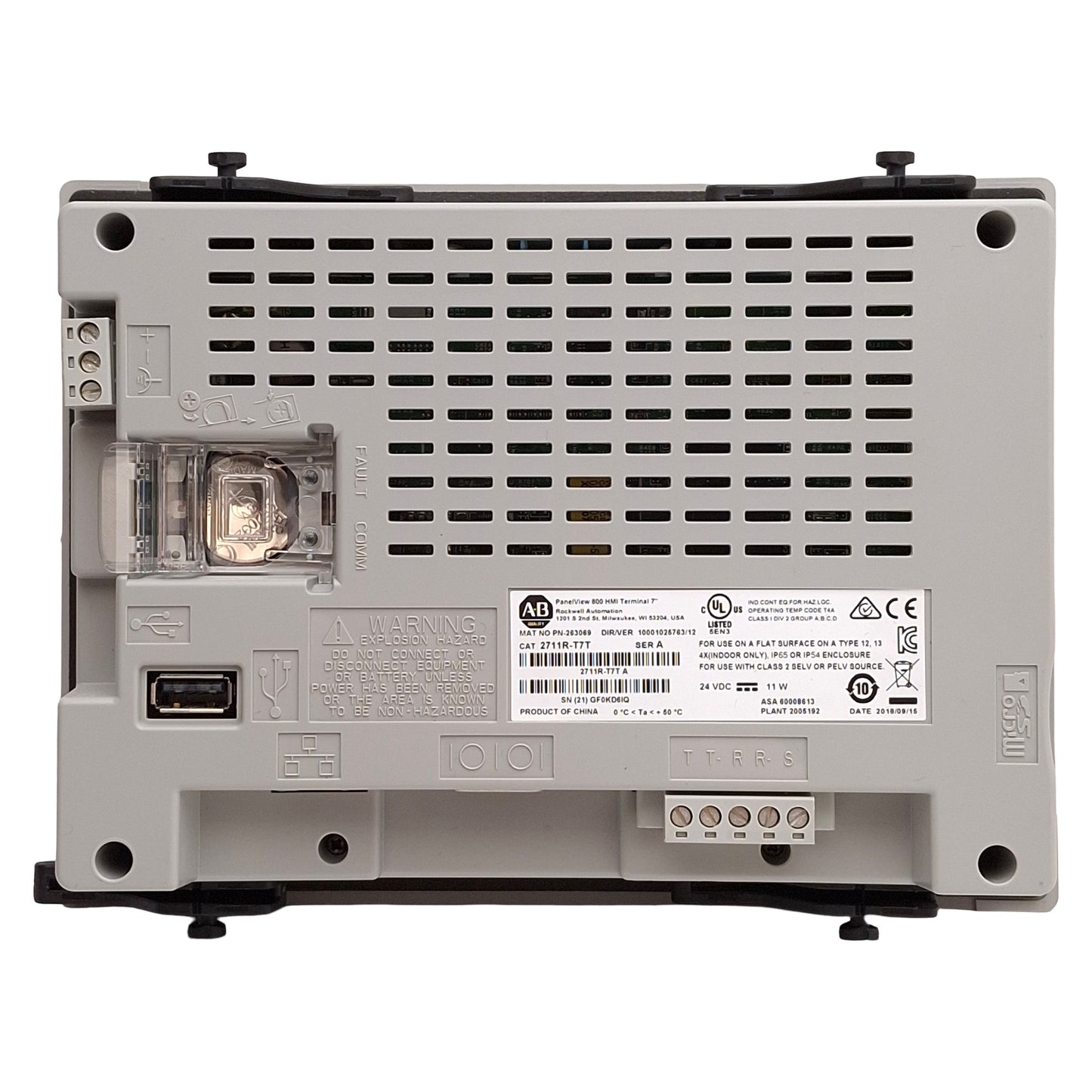 Used Allen Bradley 2711R-T7T PanelView 800 Touchscreen HMI, 7in, 800x480, 24VDC
