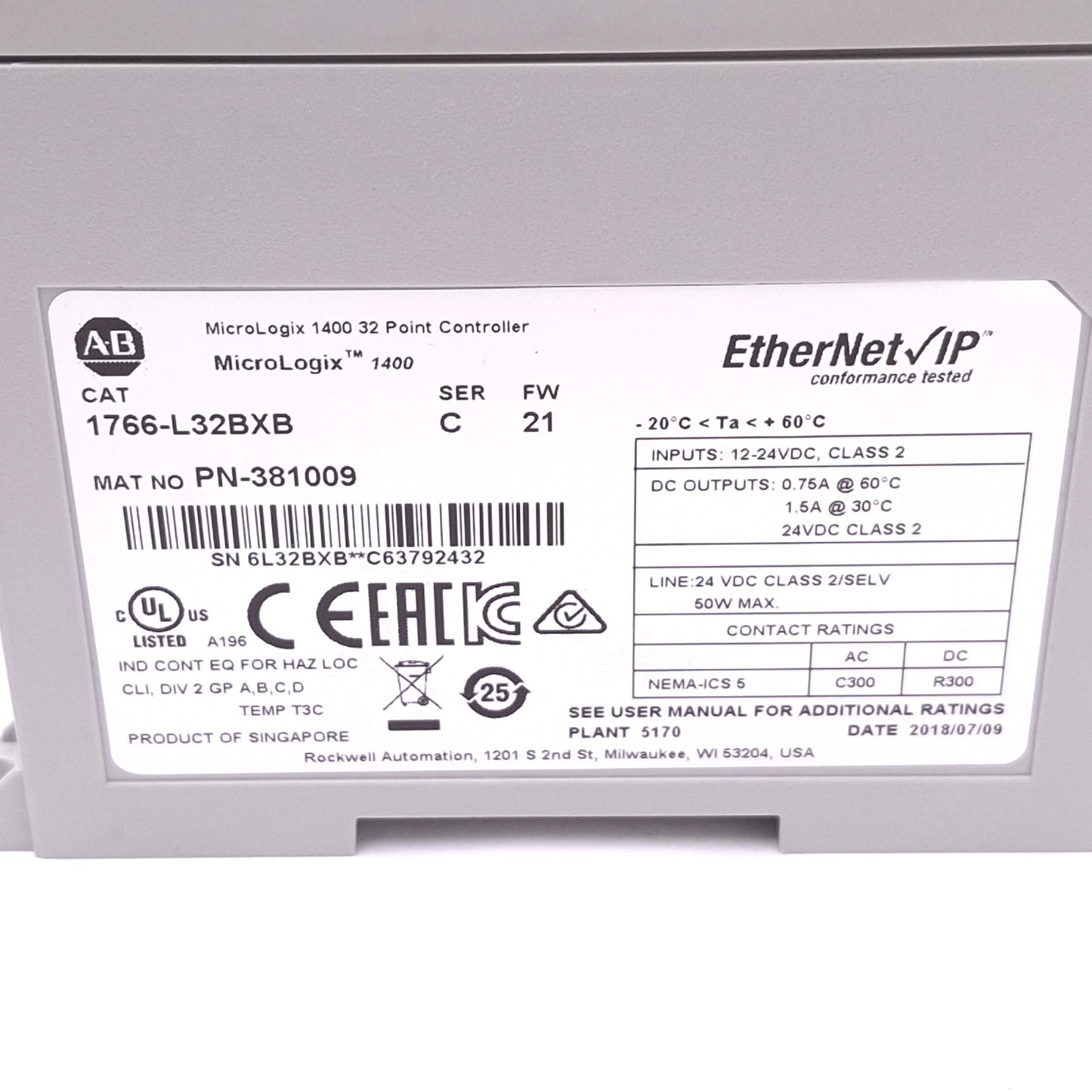Used Allen Bradley 1766-L32BXB C MicroLogix 1400 Controller, 32-Point, 24VDC