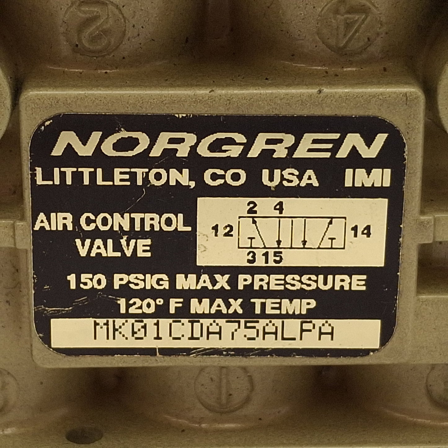 Used Norgren MK01CDA75ALPA Solenoid Valve, 5/2-Way, 150psig, 1/8in NPT, 24VDC Coil