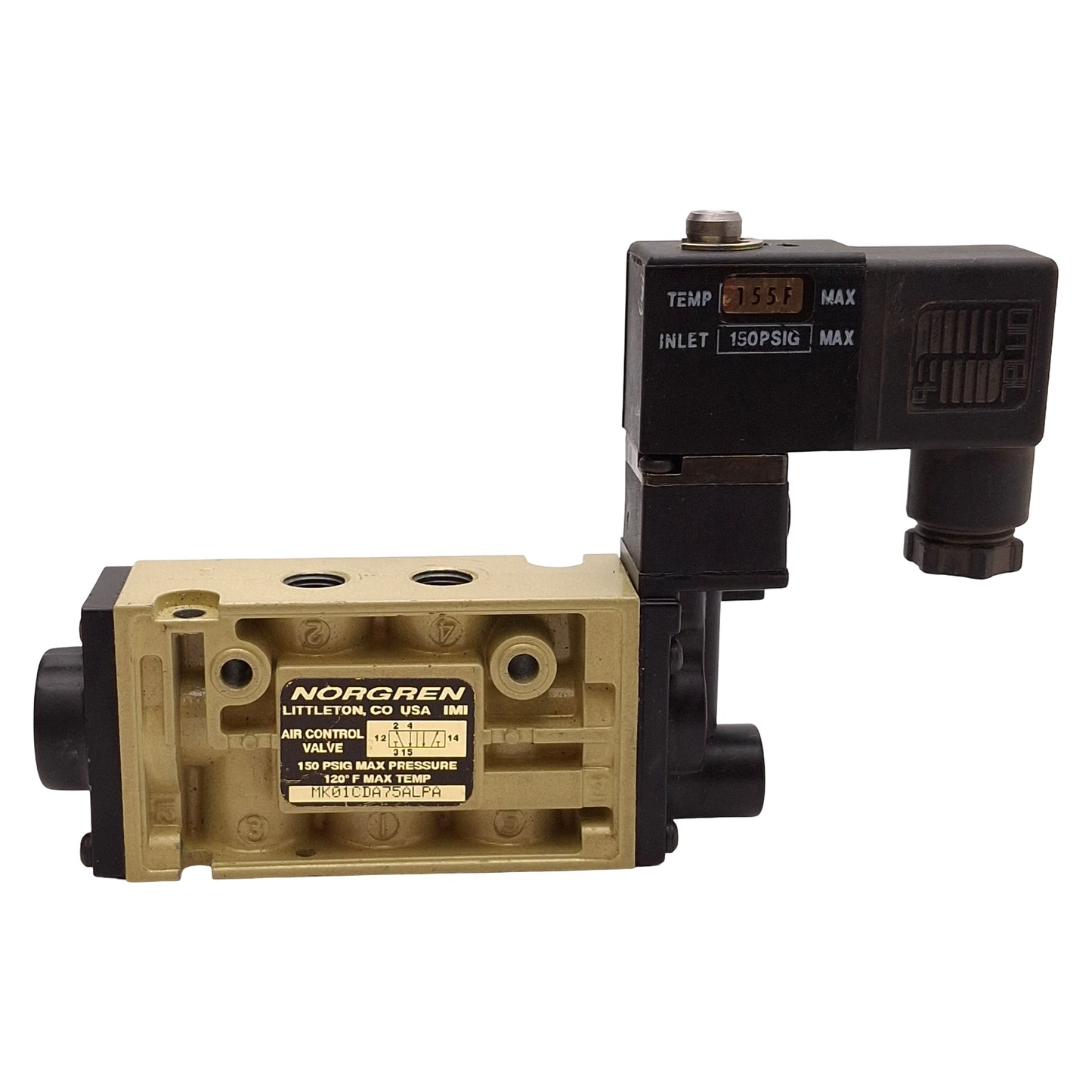 Used Norgren MK01CDA75ALPA Solenoid Valve, 5/2-Way, 150psig, 1/8in NPT, 24VDC Coil