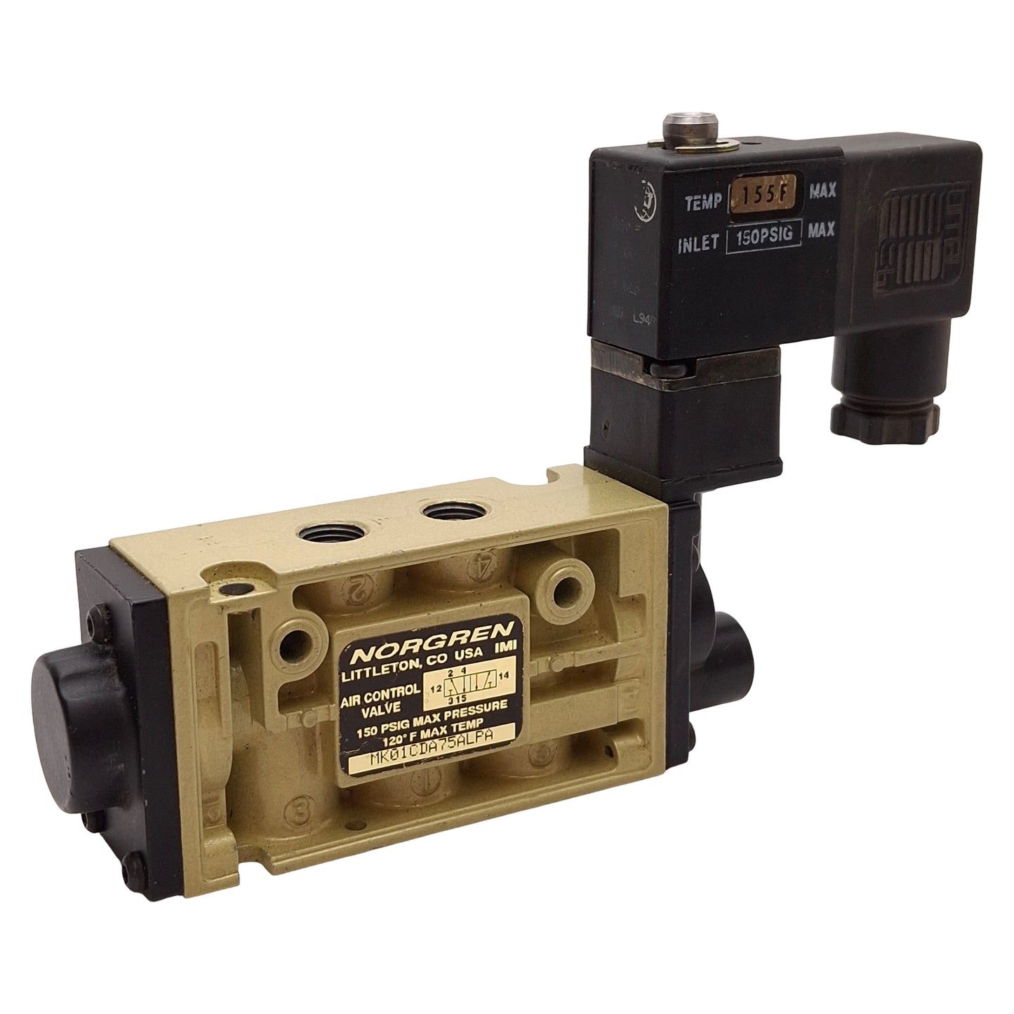 Used Norgren MK01CDA75ALPA Solenoid Valve, 5/2-Way, 150psig, 1/8in NPT, 24VDC Coil