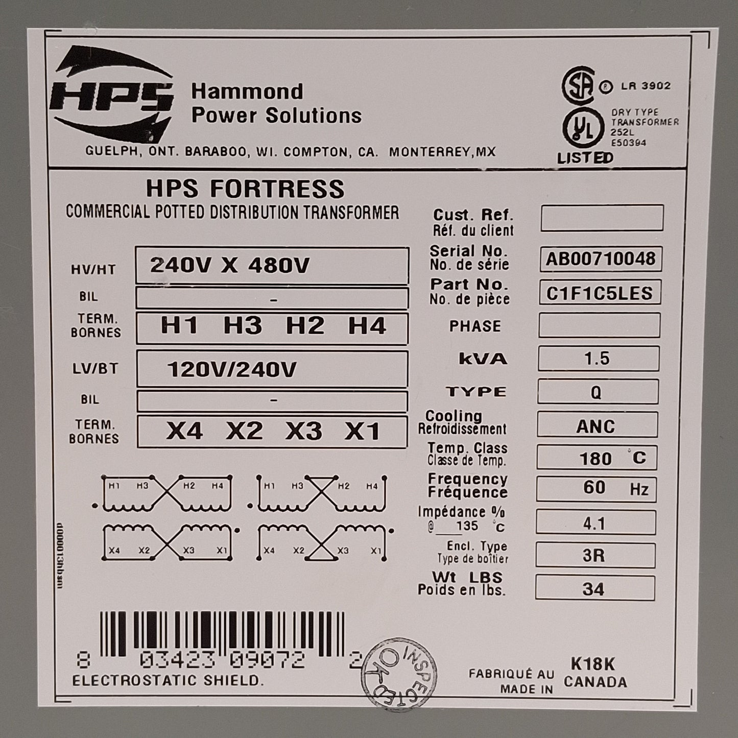 Used Hammond C1F1C5LES HPS Fortress Transformer, 1.5kVA, 240/480V Prim, 120/240V Sec