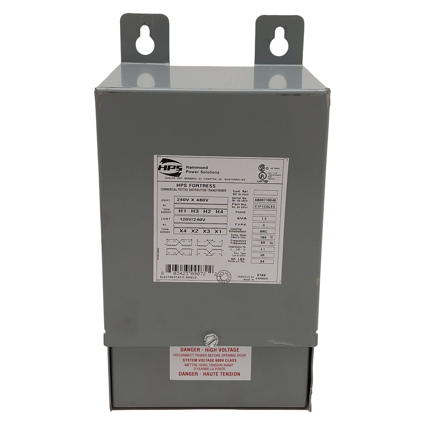 Used Hammond C1F1C5LES HPS Fortress Transformer, 1.5kVA, 240/480V Prim, 120/240V Sec
