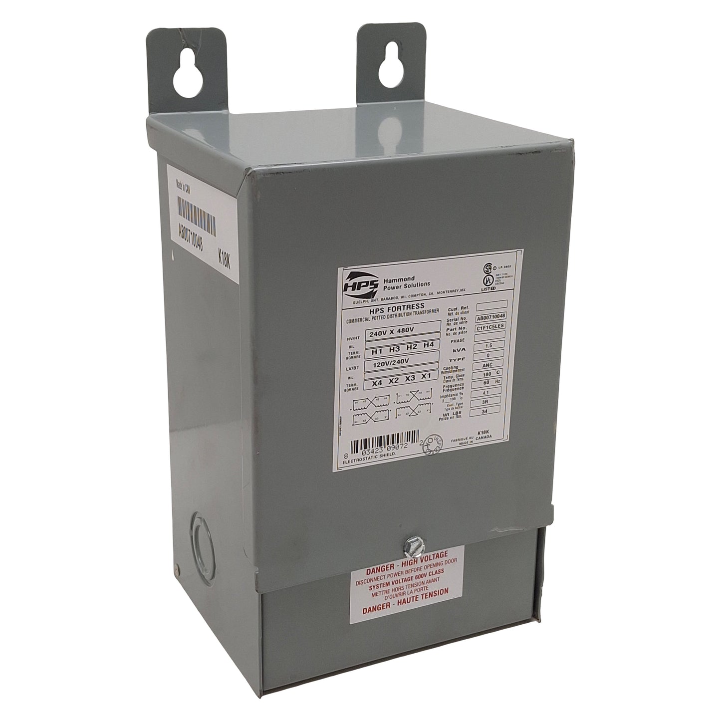 Used Hammond C1F1C5LES HPS Fortress Transformer, 1.5kVA, 240/480V Prim, 120/240V Sec