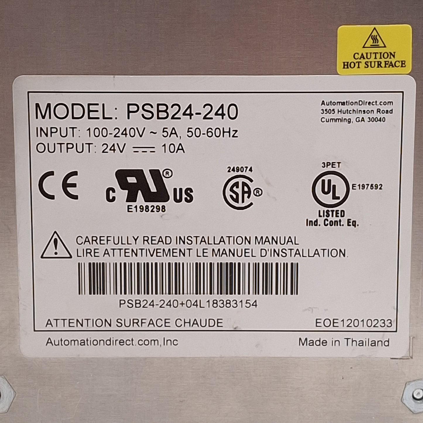 Used Rhino PSB24-240 Industrial Power Supply, 240W 24VDC 10A Out, 100-240VAC 5A In