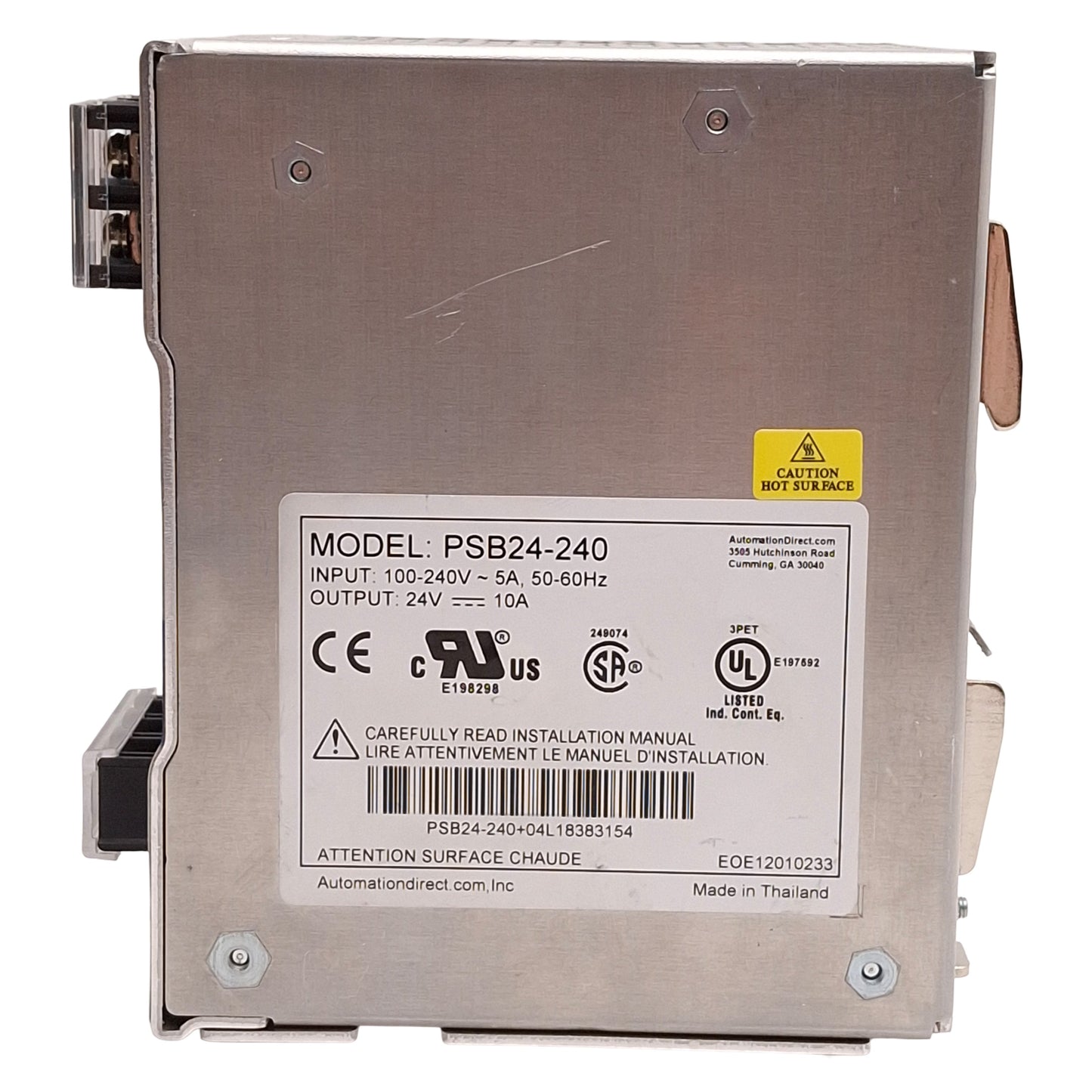 Used Rhino PSB24-240 Industrial Power Supply, 240W 24VDC 10A Out, 100-240VAC 5A In