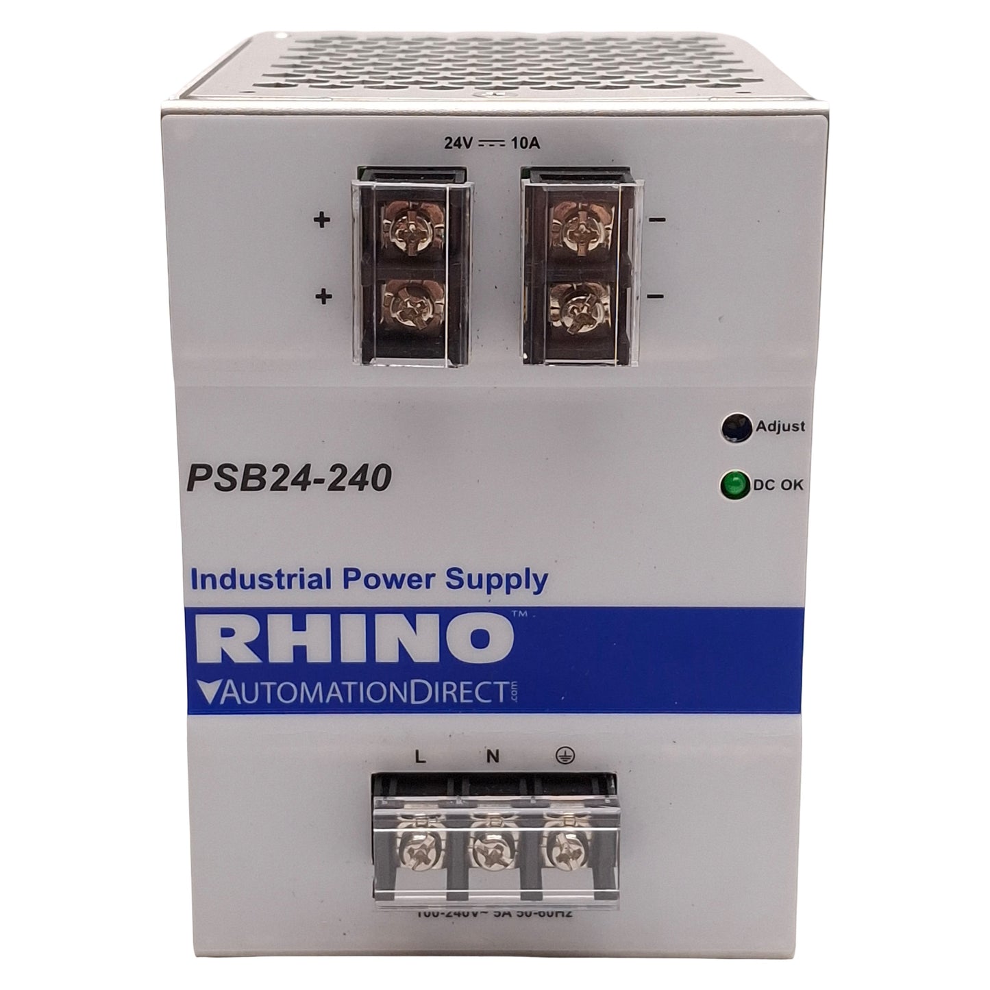 Used Rhino PSB24-240 Industrial Power Supply, 240W 24VDC 10A Out, 100-240VAC 5A In