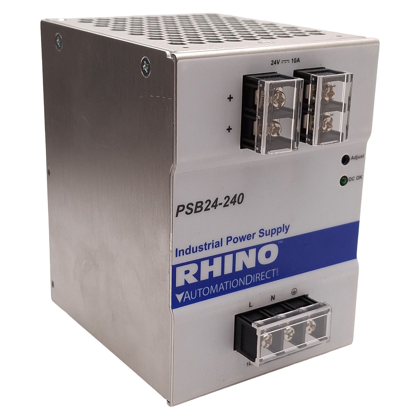 Used Rhino PSB24-240 Industrial Power Supply, 240W 24VDC 10A Out, 100-240VAC 5A In