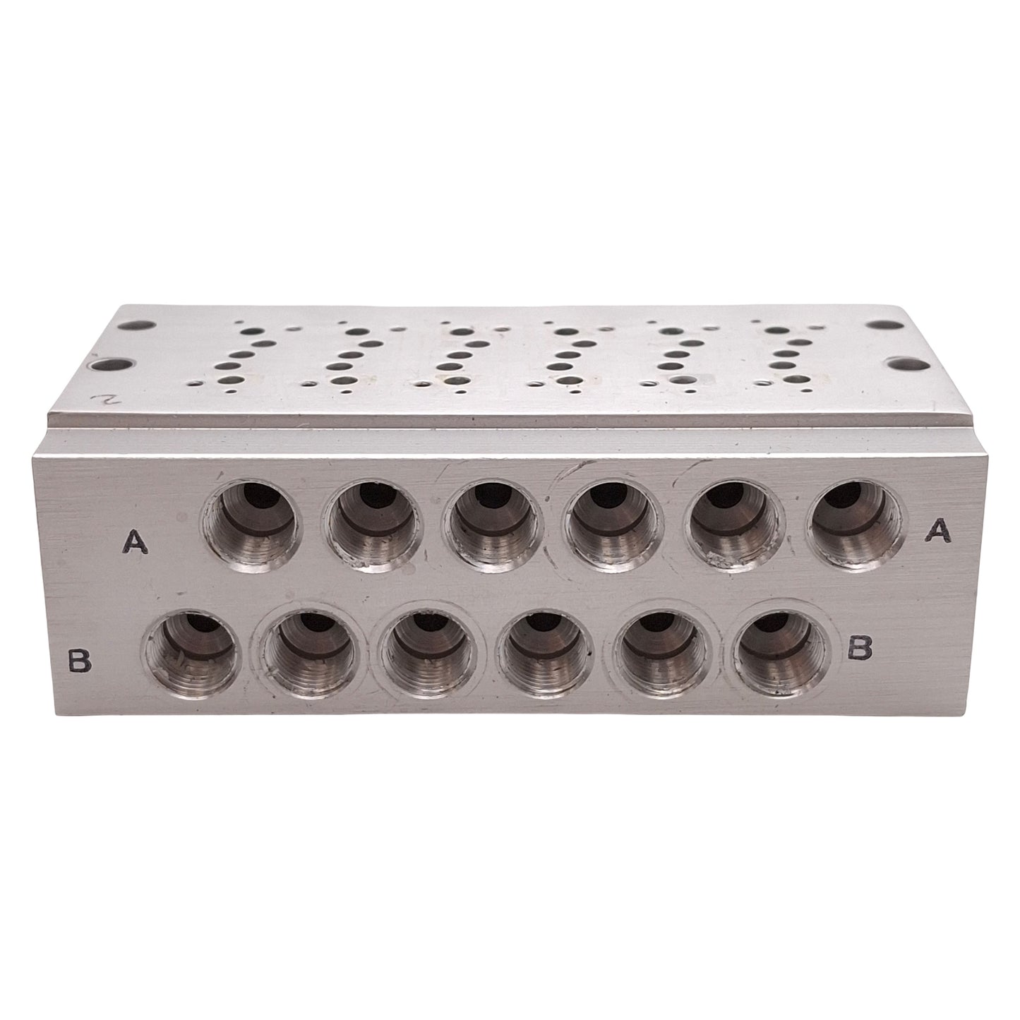Used SMC SS5Y3-42-06-01N Aluminum Bar Stock Manifold, 6-Station, Base Mounted, 1/8NPT