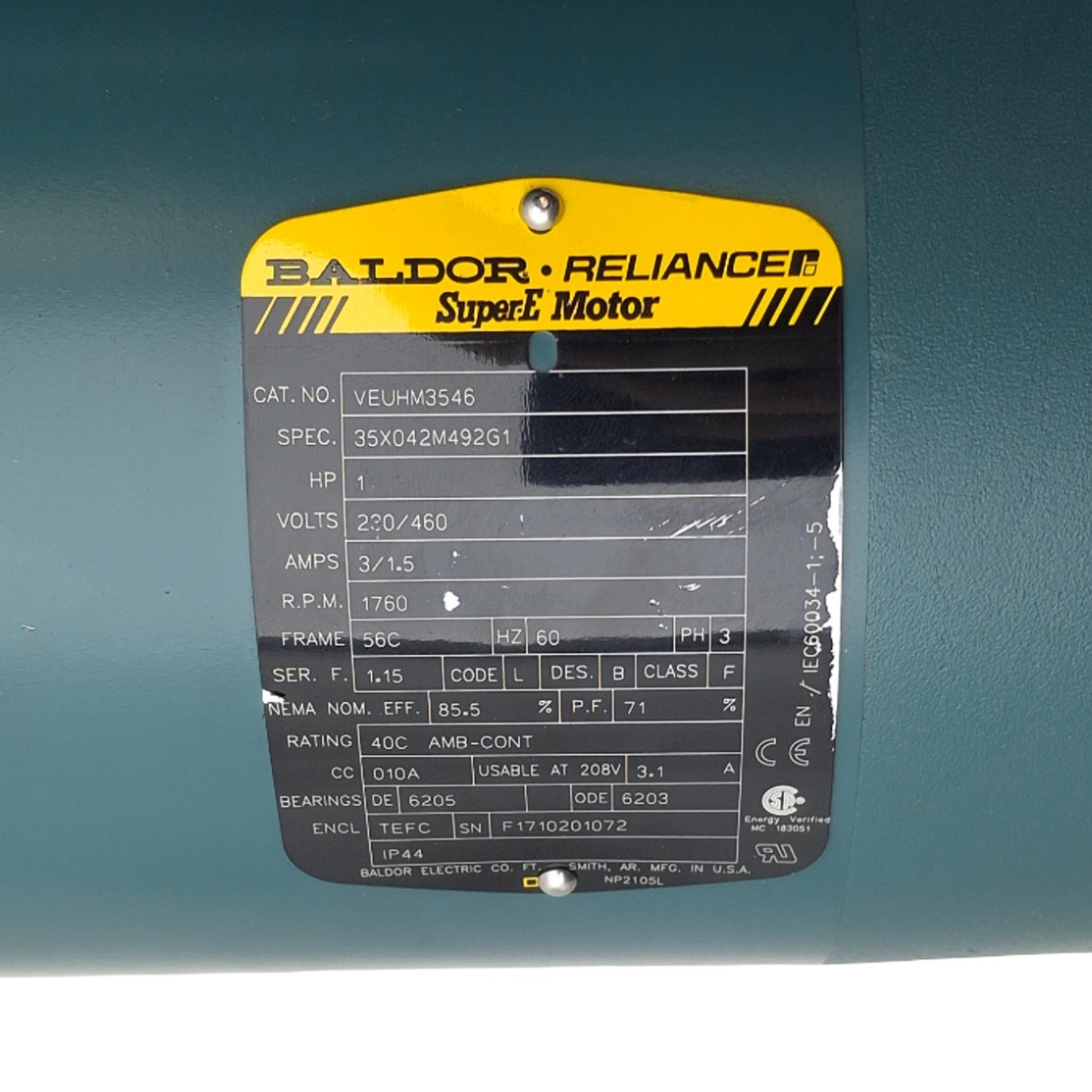 Used Baldor VUHL3519 Unit Handling Motor, 1HP, 1725RPM, 115/208-230VAC 12A 1-PH, 56C