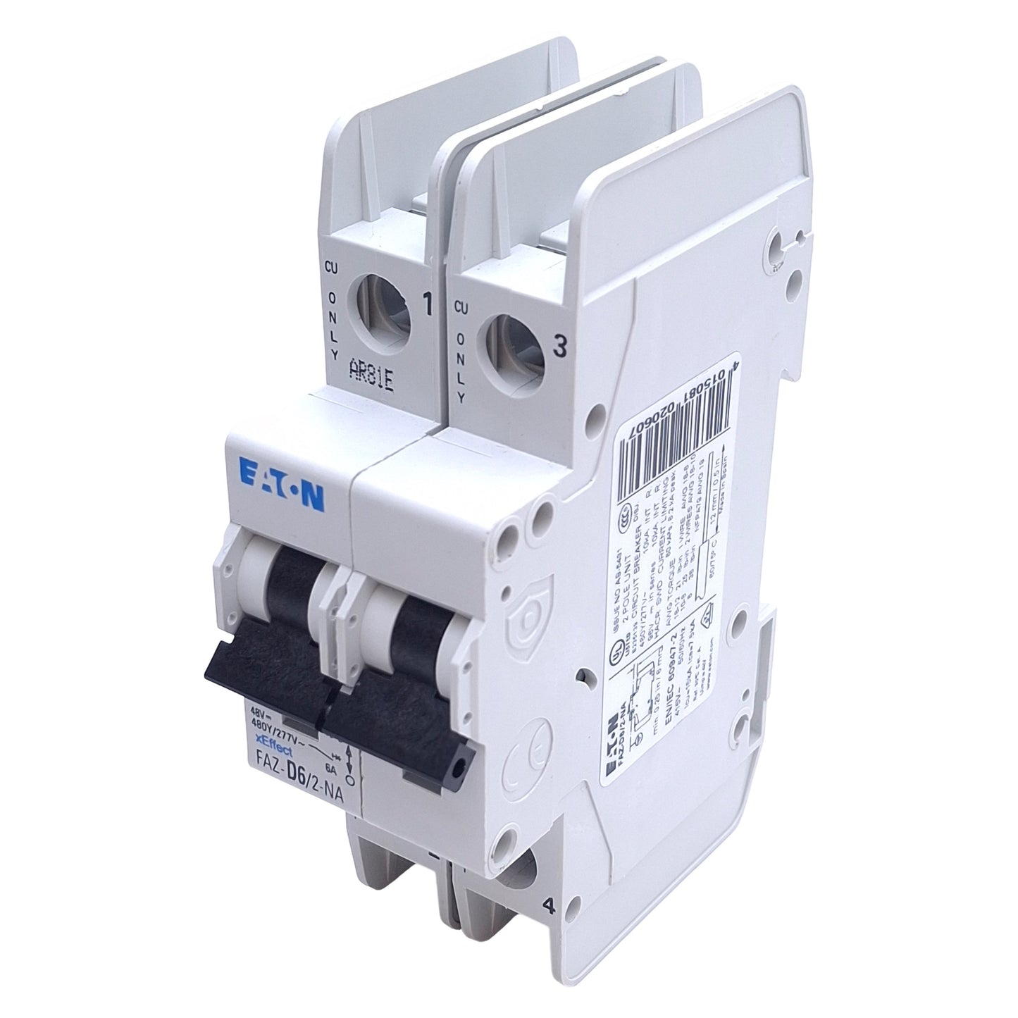 Used Eaton FAZ-D6/2-NA Circuit Breaker, 2-Pole, 6A, 480Y/277VAC Max, DIN Rail