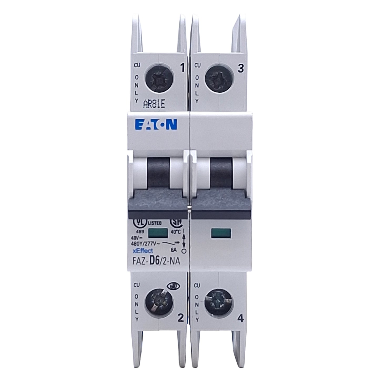Used Eaton FAZ-D6/2-NA Circuit Breaker, 2-Pole, 6A, 480Y/277VAC Max, DIN Rail