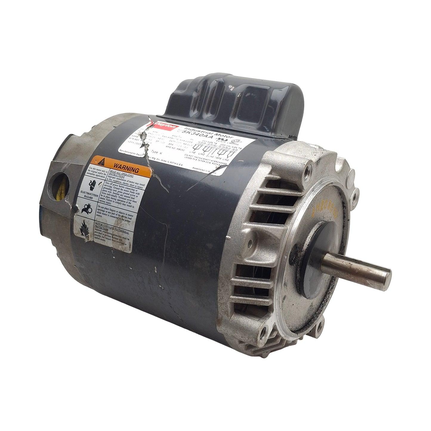 Used Dayton 5K340AA AC Motor, 1/2HP, 1725RPM, 115/208-230VAC 9.9/4.5-4.9A 1-Ph, 56C