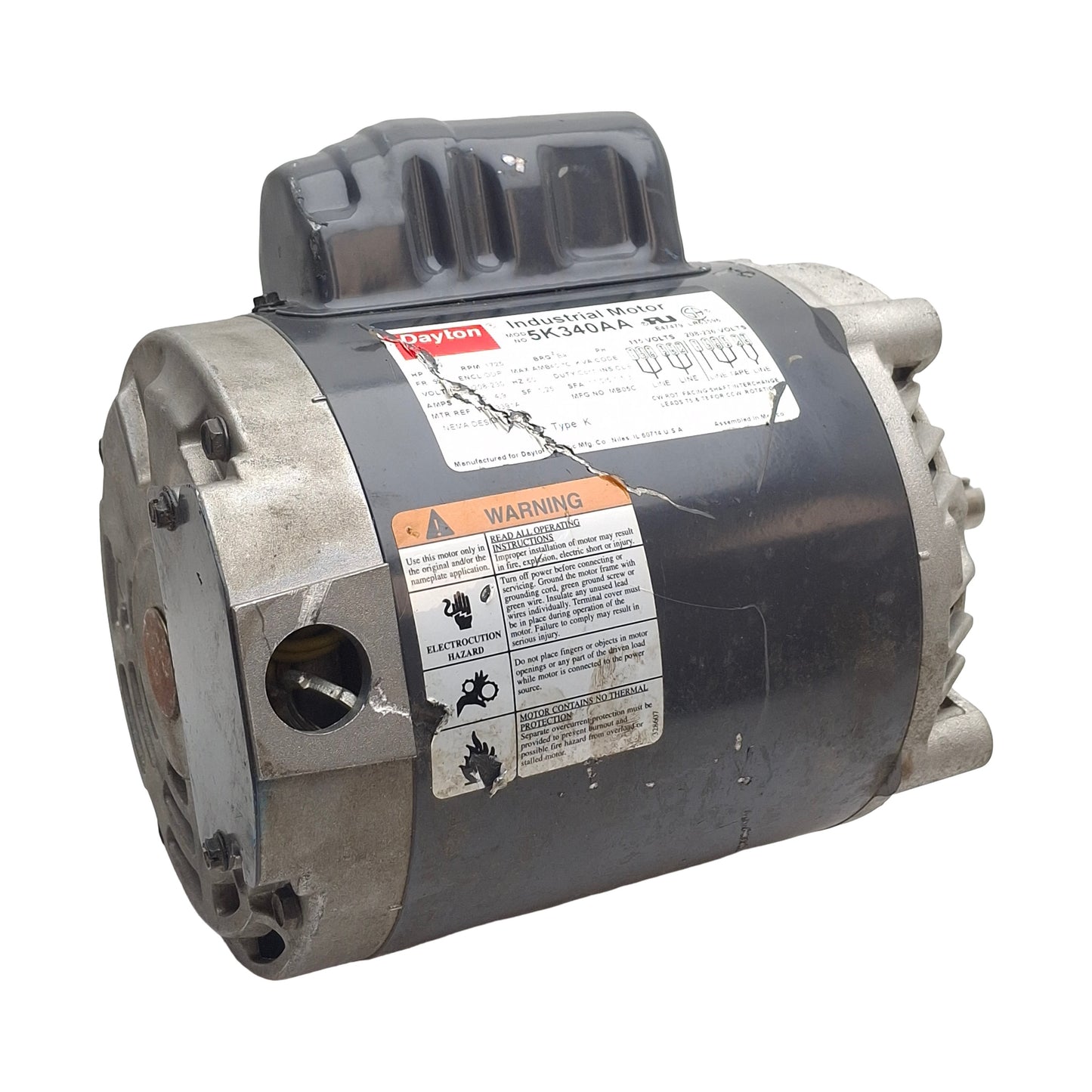 Used Dayton 5K340AA AC Motor, 1/2HP, 1725RPM, 115/208-230VAC 9.9/4.5-4.9A 1-Ph, 56C