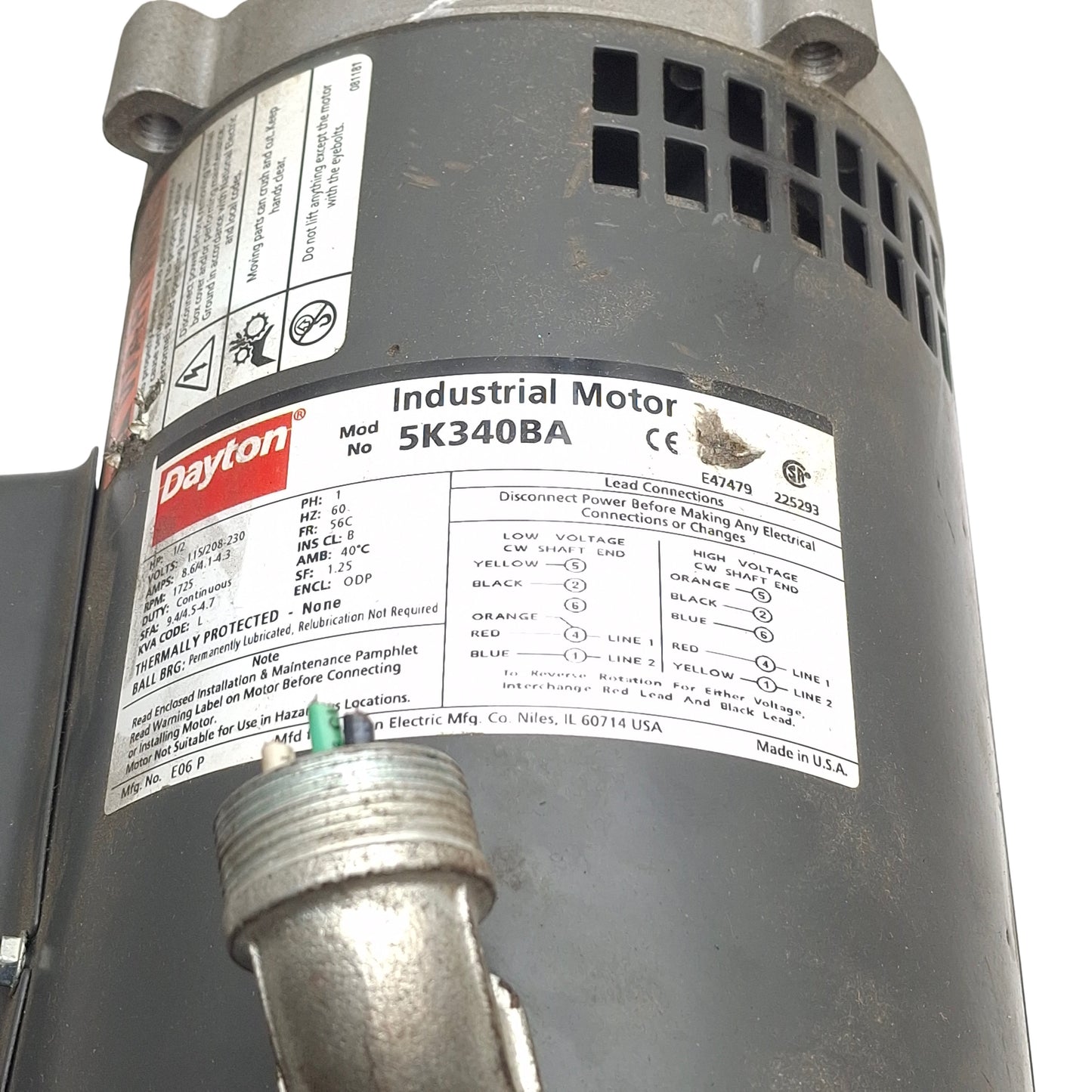 Used Dayton 5K340BA Electric Motor, 1/2HP, 1725RPM, 115/208-230VAC 1-Ph, 56C Frame