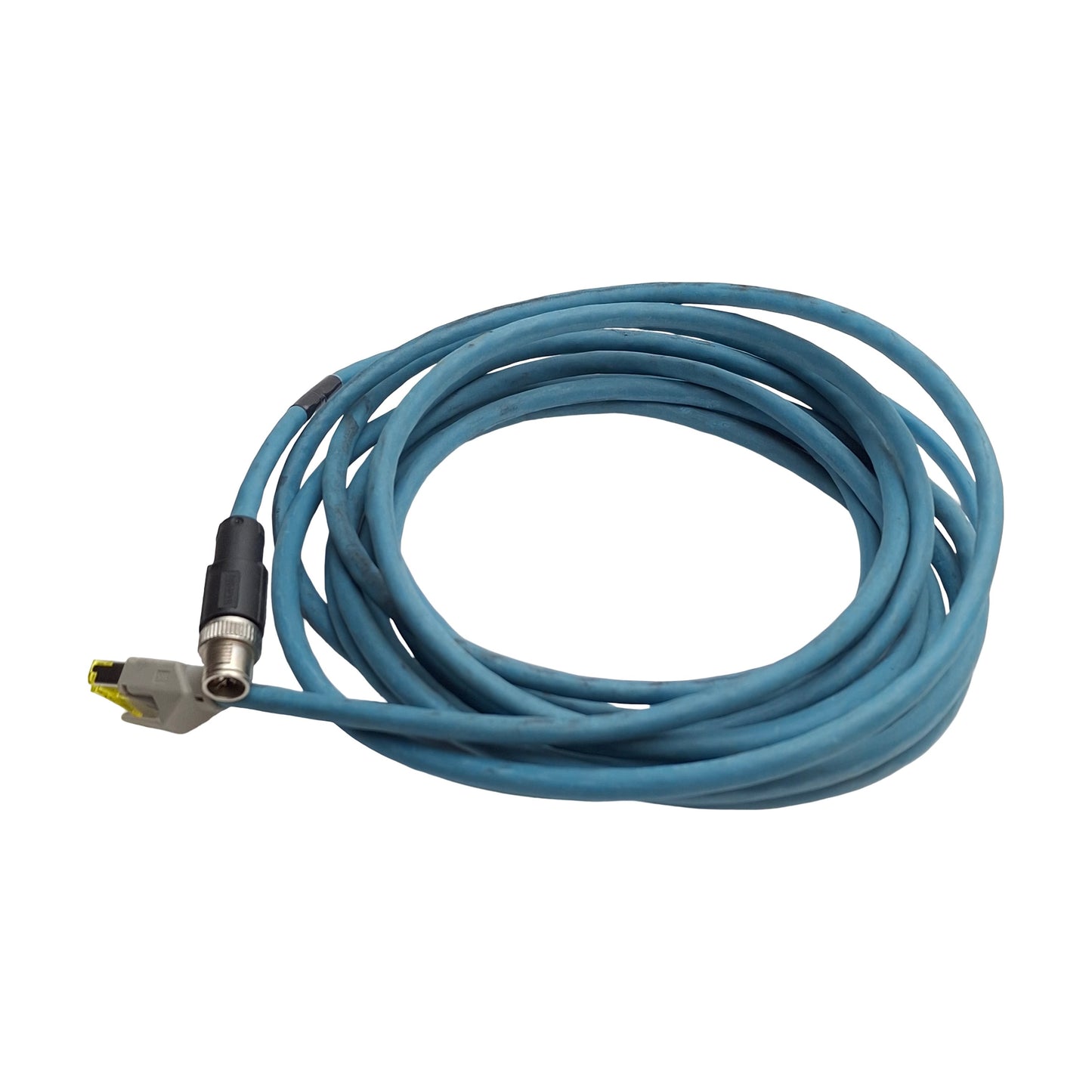 Used Keyence OP-87360 Ethernet PLC Cable, Length: 5 meters, RJ45 to M12 X-Code