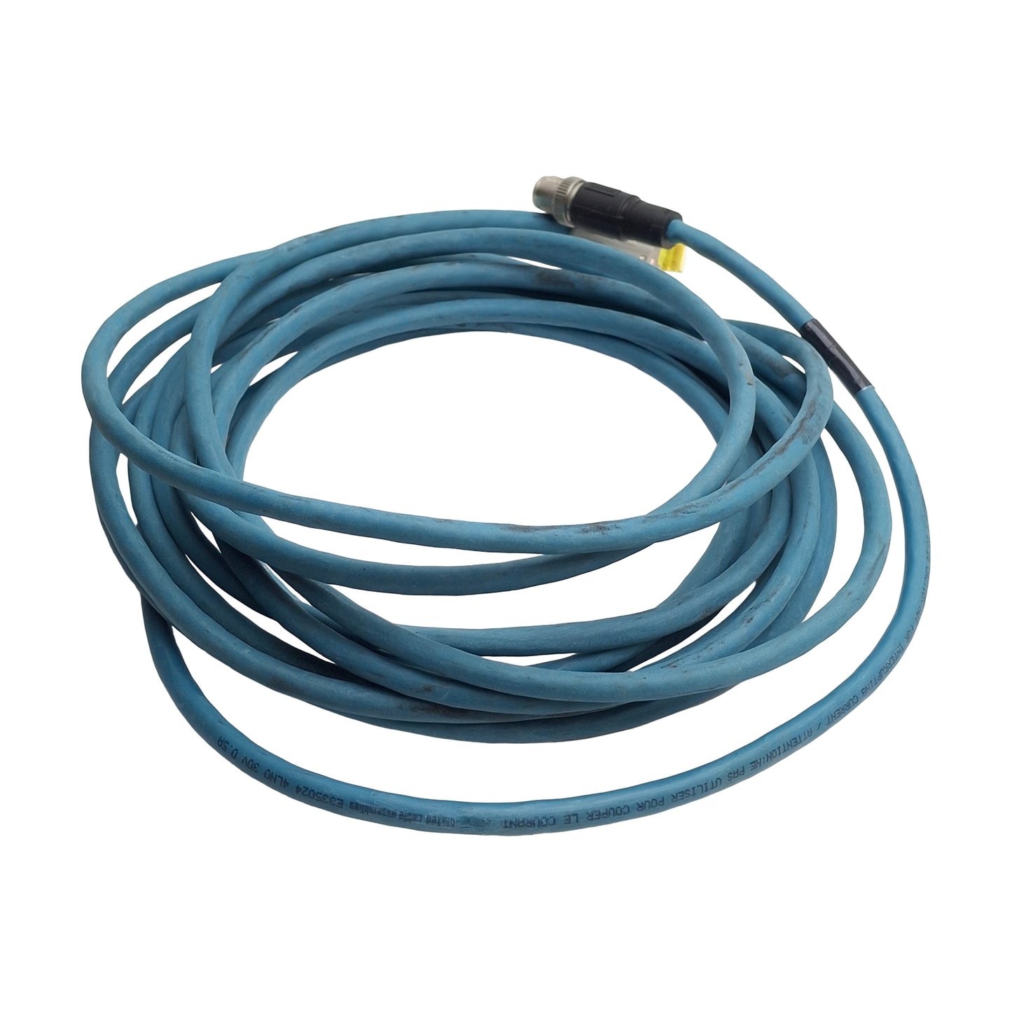 Used Keyence OP-87360 Ethernet PLC Cable, Length: 5 meters, RJ45 to M12 X-Code