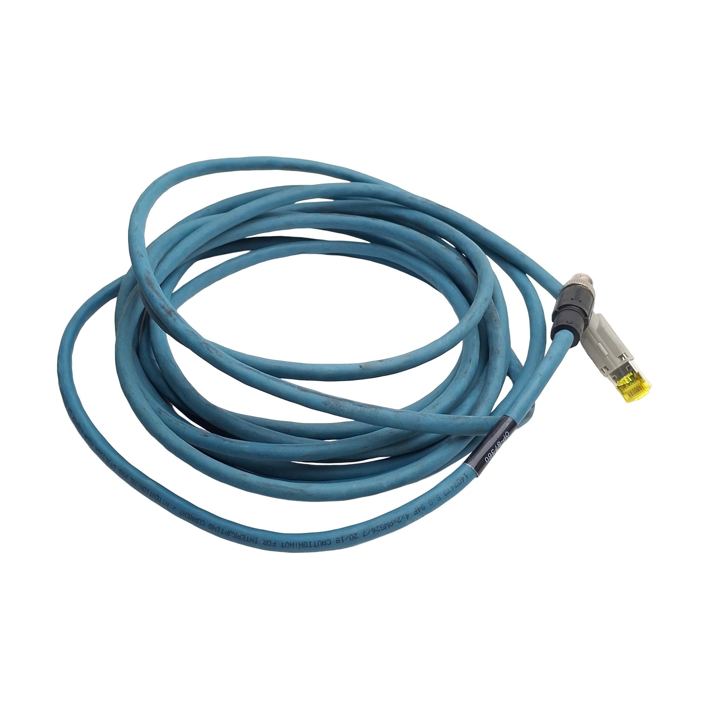Used Keyence OP-87360 Ethernet PLC Cable, Length: 5 meters, RJ45 to M12 X-Code