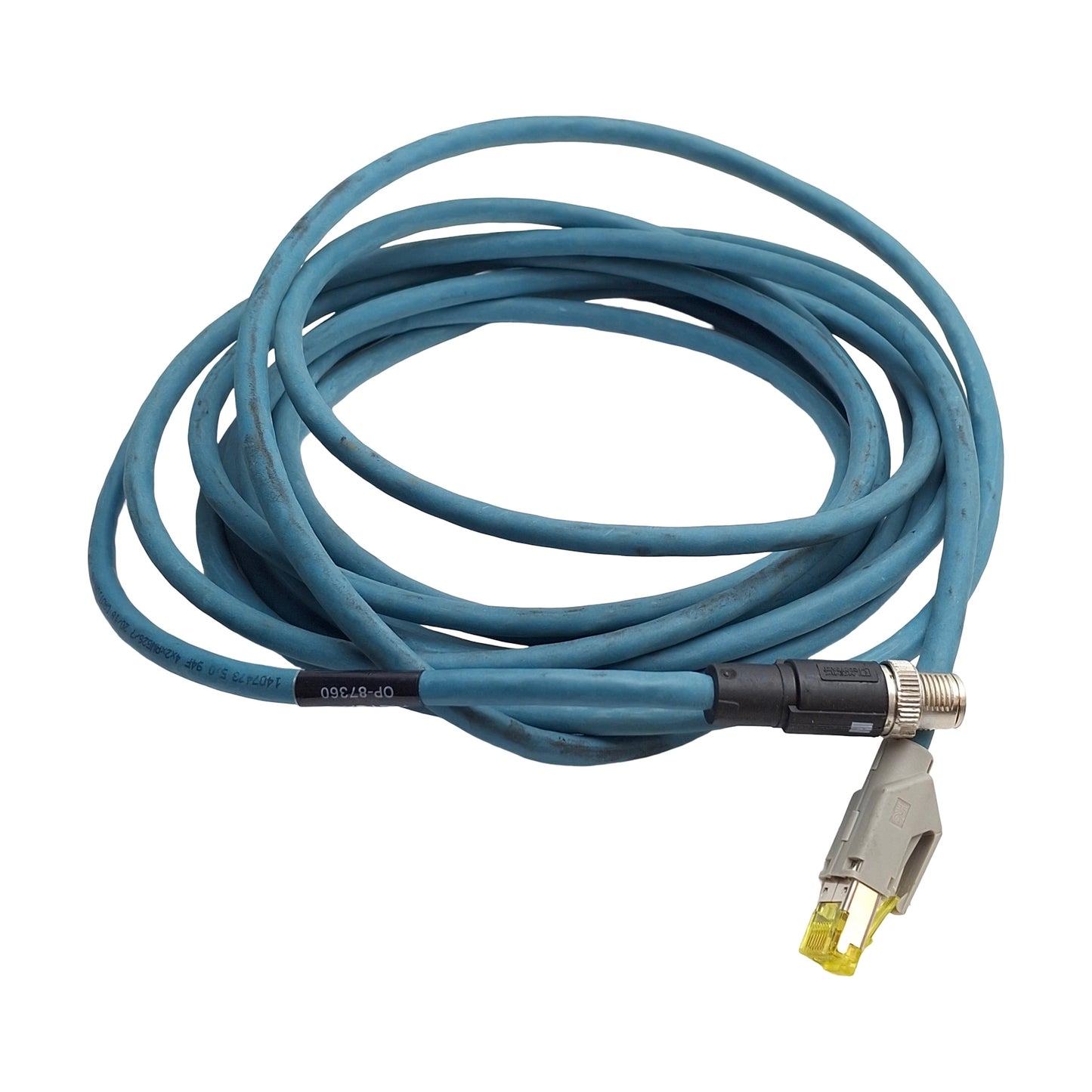Used Keyence OP-87360 Ethernet PLC Cable, Length: 5 meters, RJ45 to M12 X-Code