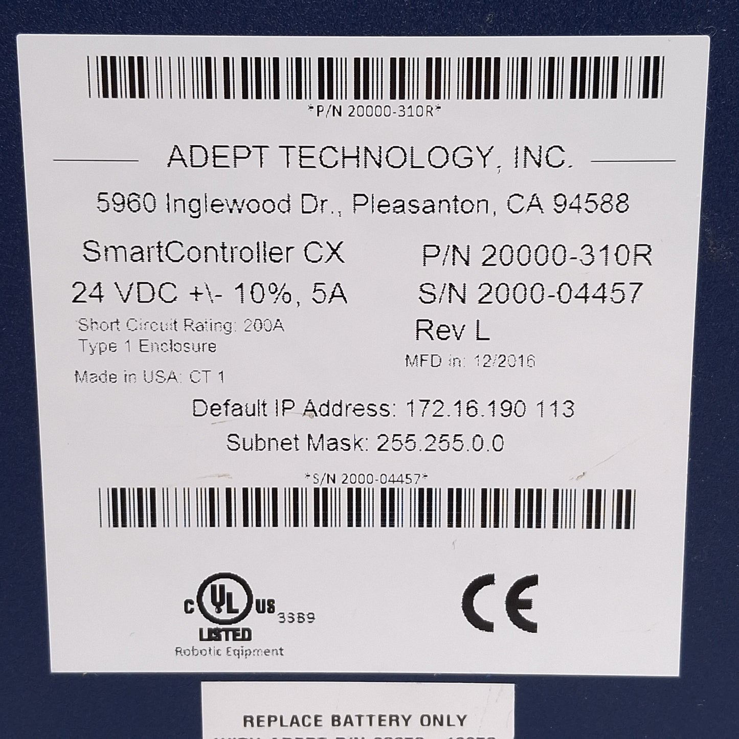 Used Adept 20000-310R Rev L SmartController CX w/ 128MB CF Card, IEEE-1394, 24VDC