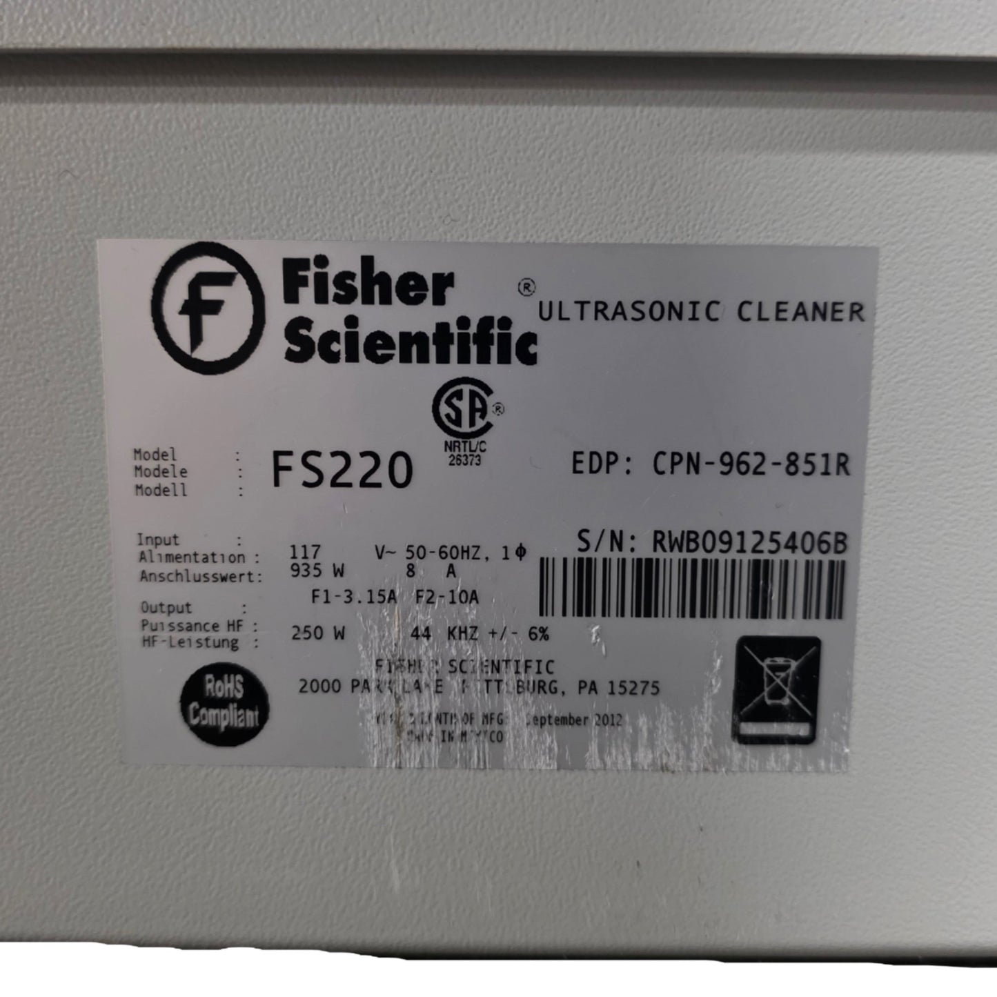 Used Fisher Scientific FS220H Heated Ultrasonic Cleaner 22 Quarts, 44kHz, 120VAC