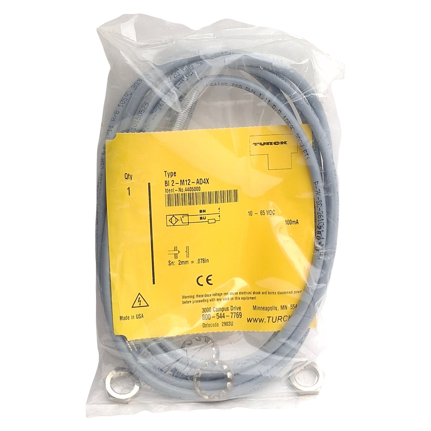 New Turck Bi2-M12-AD4X 4405000 Proximity Sensor, 2mm SN, 10-65VDC NO 100mA