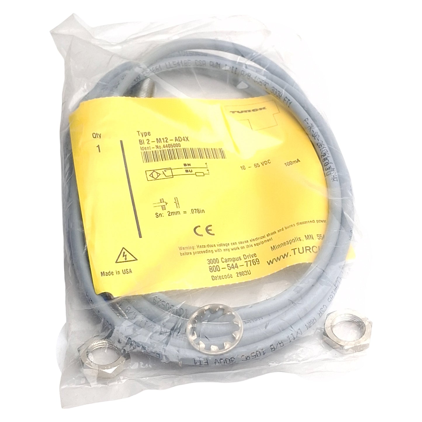 New Turck Bi2-M12-AD4X 4405000 Proximity Sensor, 2mm SN, 10-65VDC NO 100mA