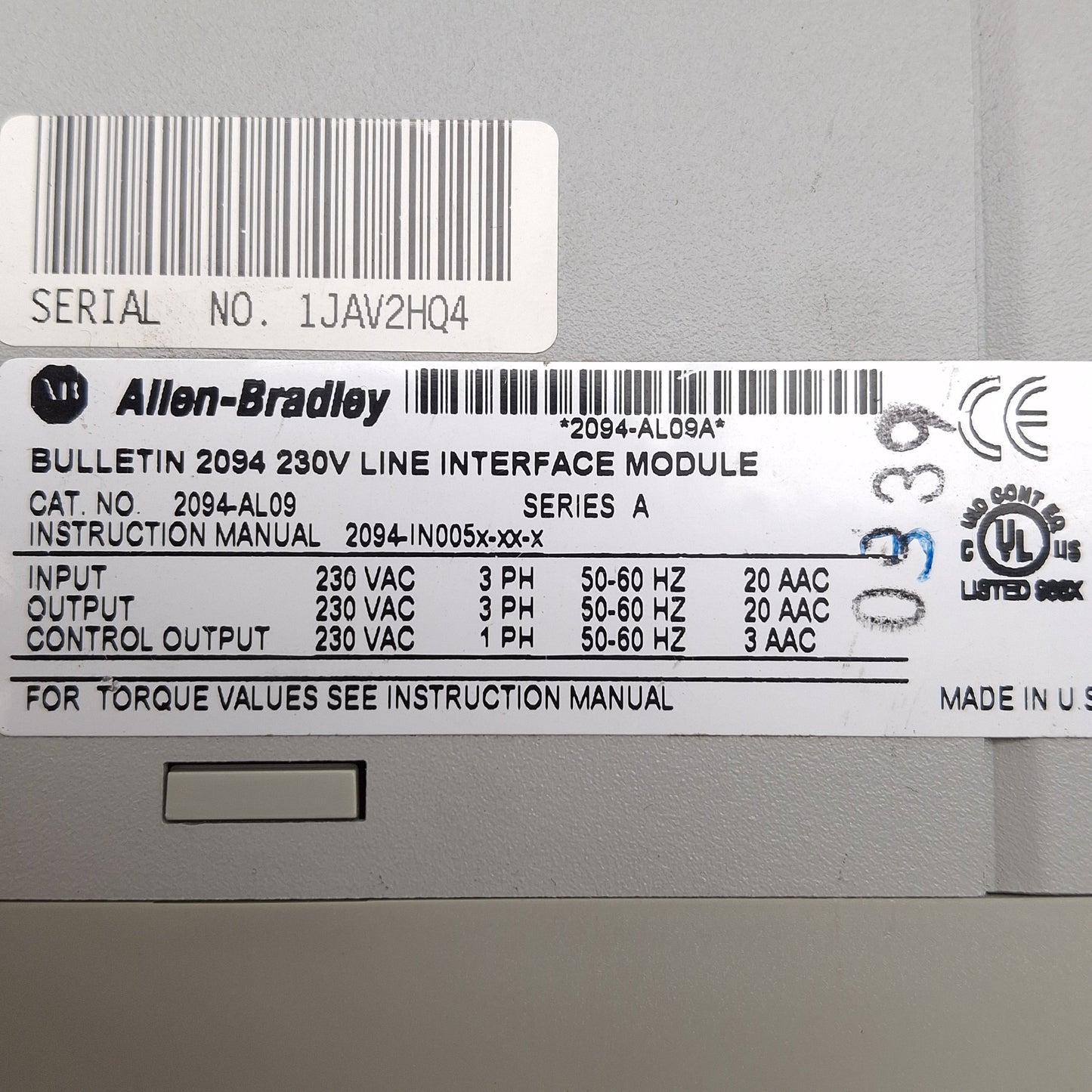 Used Allen Bradley 2094-AL09 Kinetix 6000 Line Interface Module, 6kW, 3Ø 230VAC 20A