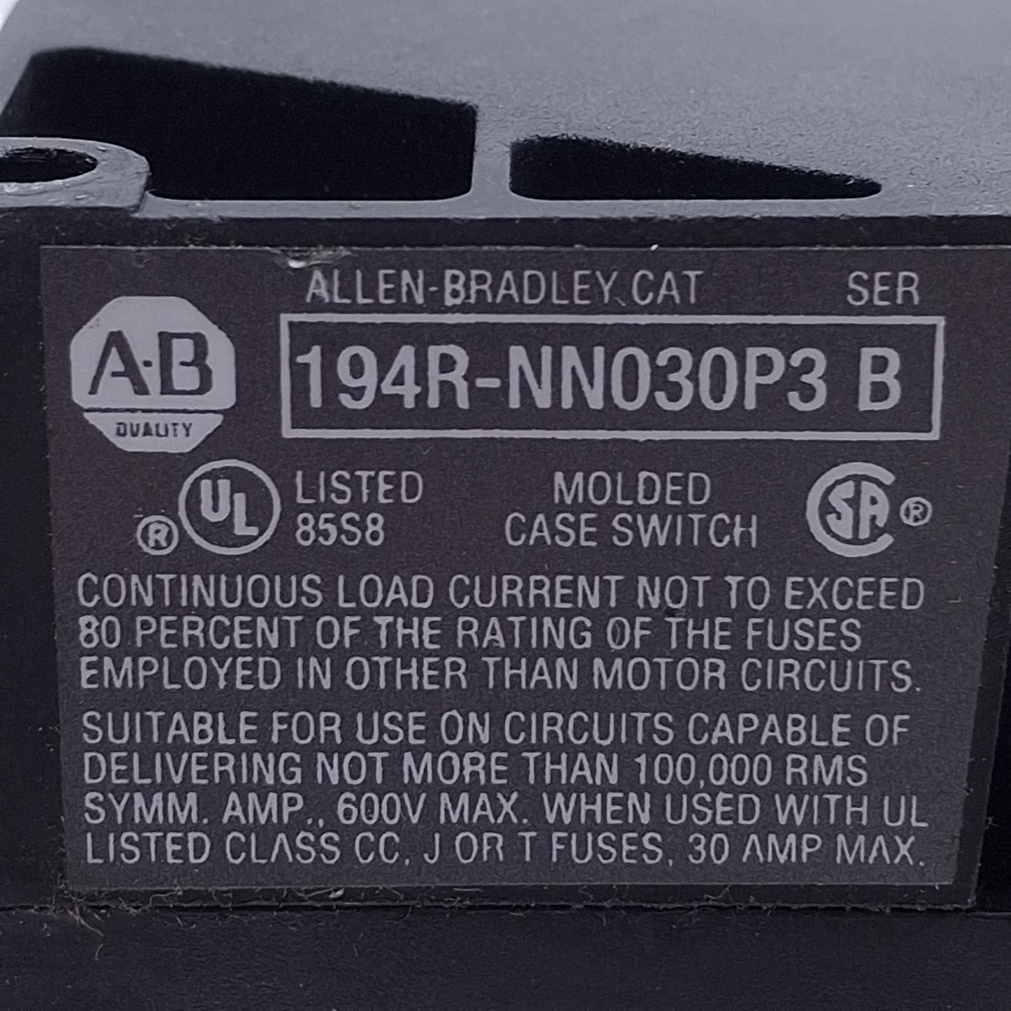 Used Allen Bradley 194R-NN030P3 Non Fused Disconnect Switch, 30A, 115/230VAC/125VDC
