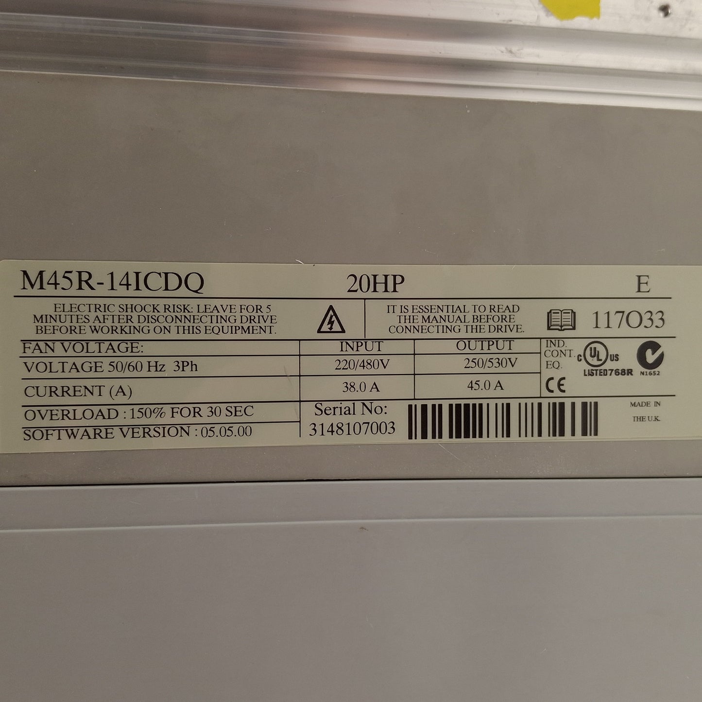 Used Control Techniques M45R-14ICDQ Quantum III DC Drive, 10/20HP, 240/500VDC 38A