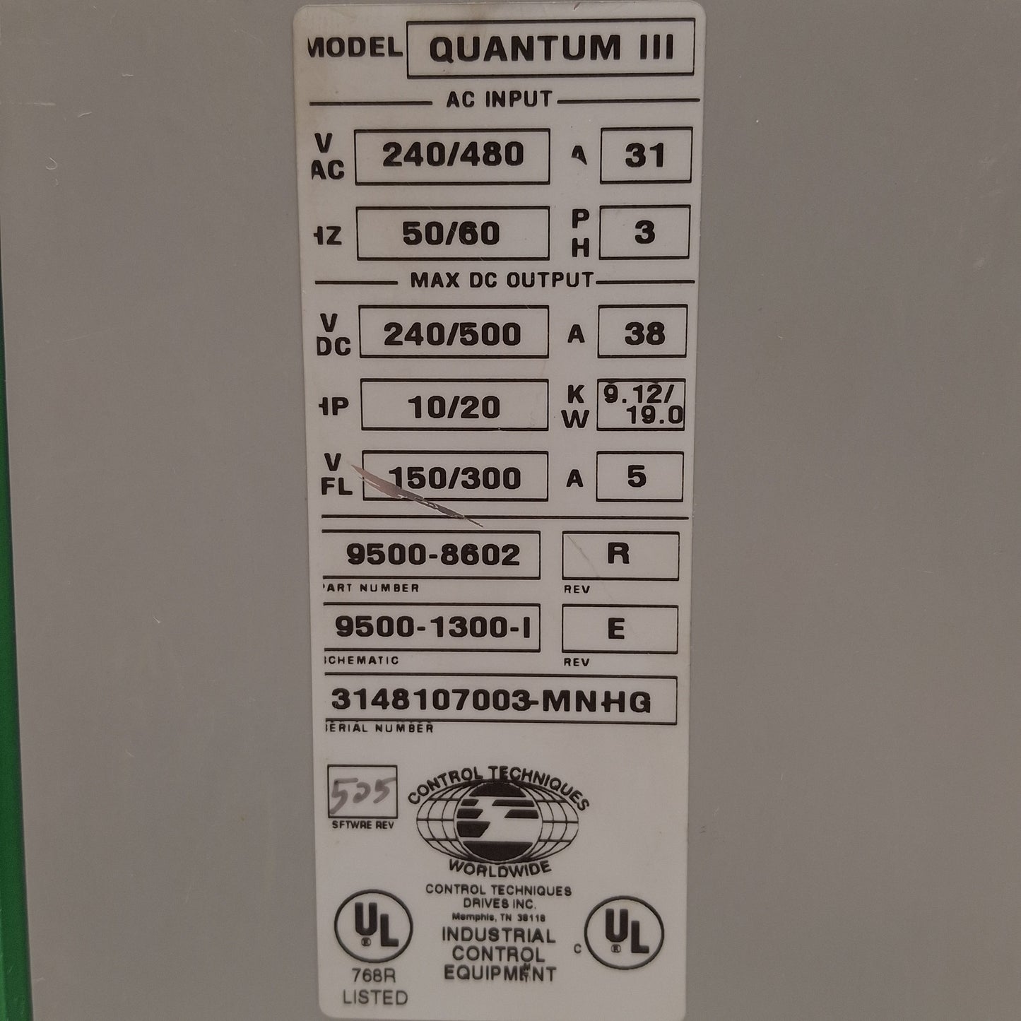 Used Control Techniques M45R-14ICDQ Quantum III DC Drive, 10/20HP, 240/500VDC 38A