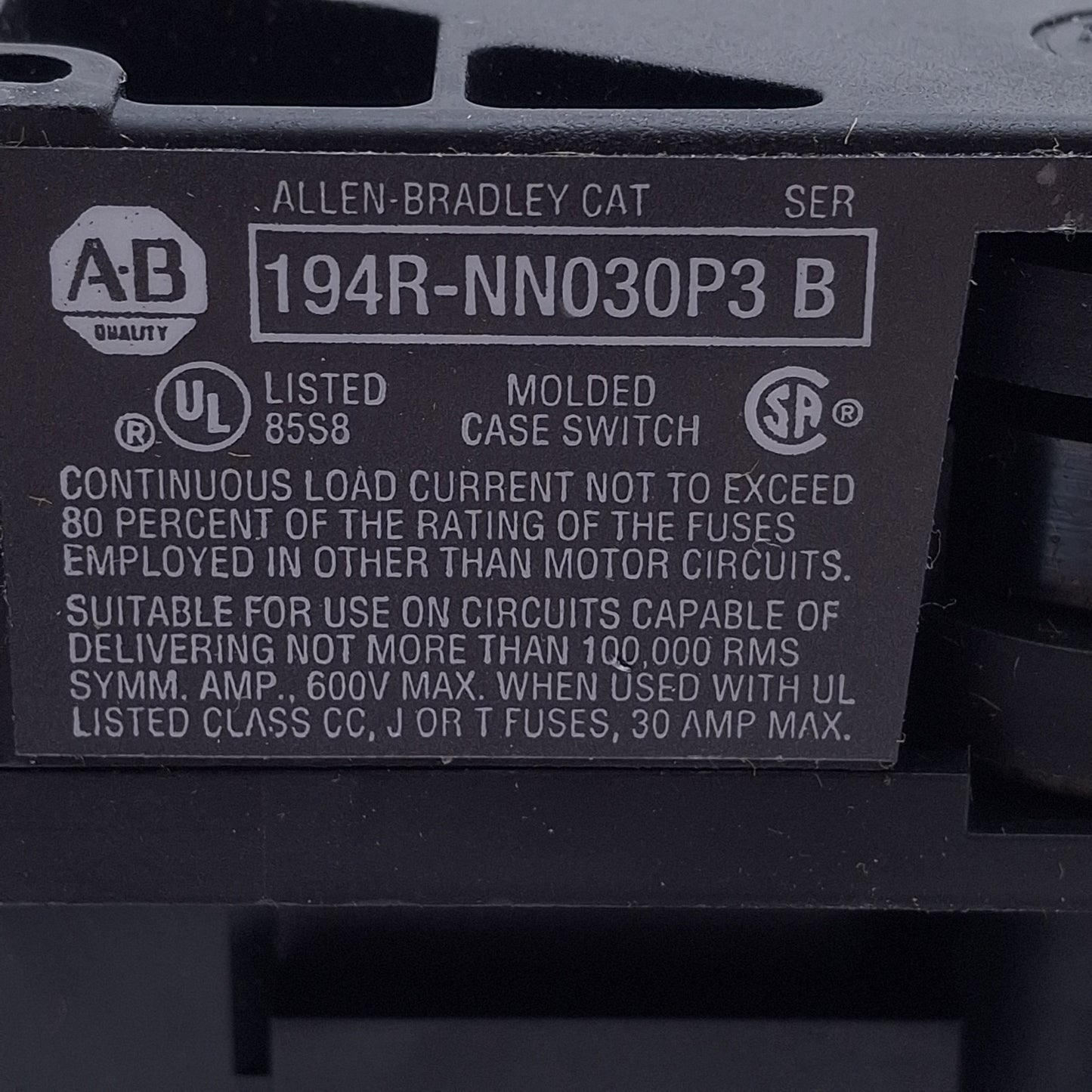 New – Open box Allen Bradley 194R-NN030P3 Non Fused Disconnect Switch, 115/230VAC/125VDC, 30A