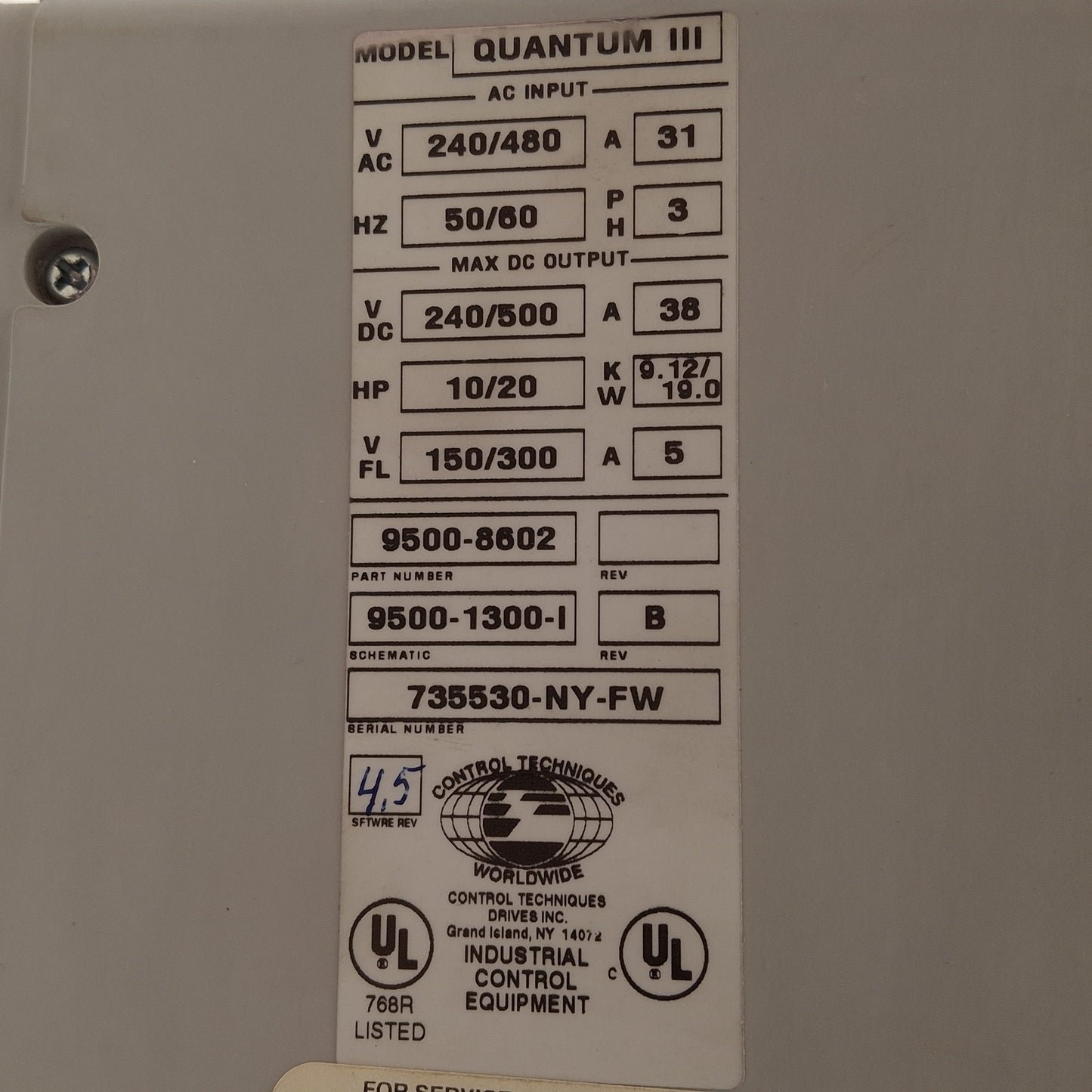 Used Control Techniques M45R-14ICD Quantum III DC Drive, 10/20HP, 240/500VDC 38A