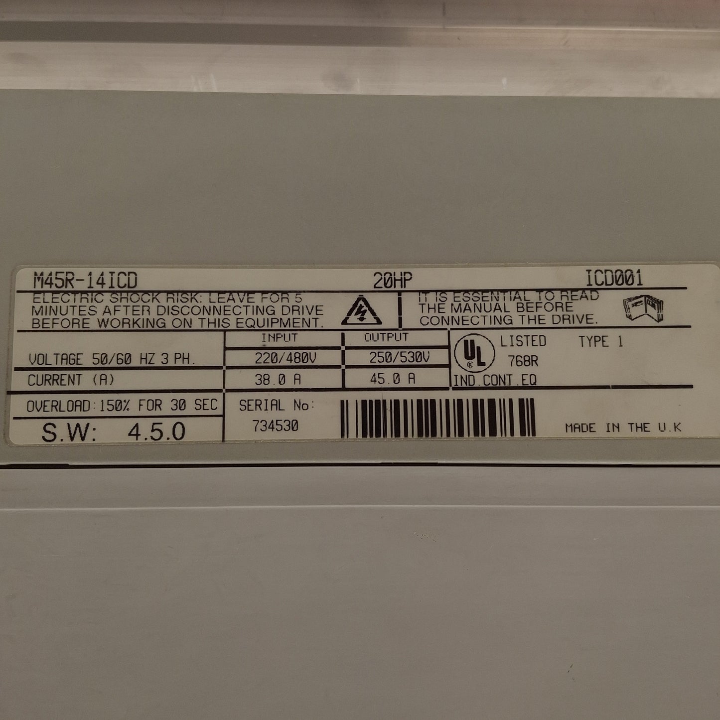 Used Control Techniques M45R-14ICD Quantum III DC Drive, 10/20HP, 240/500VDC 38A