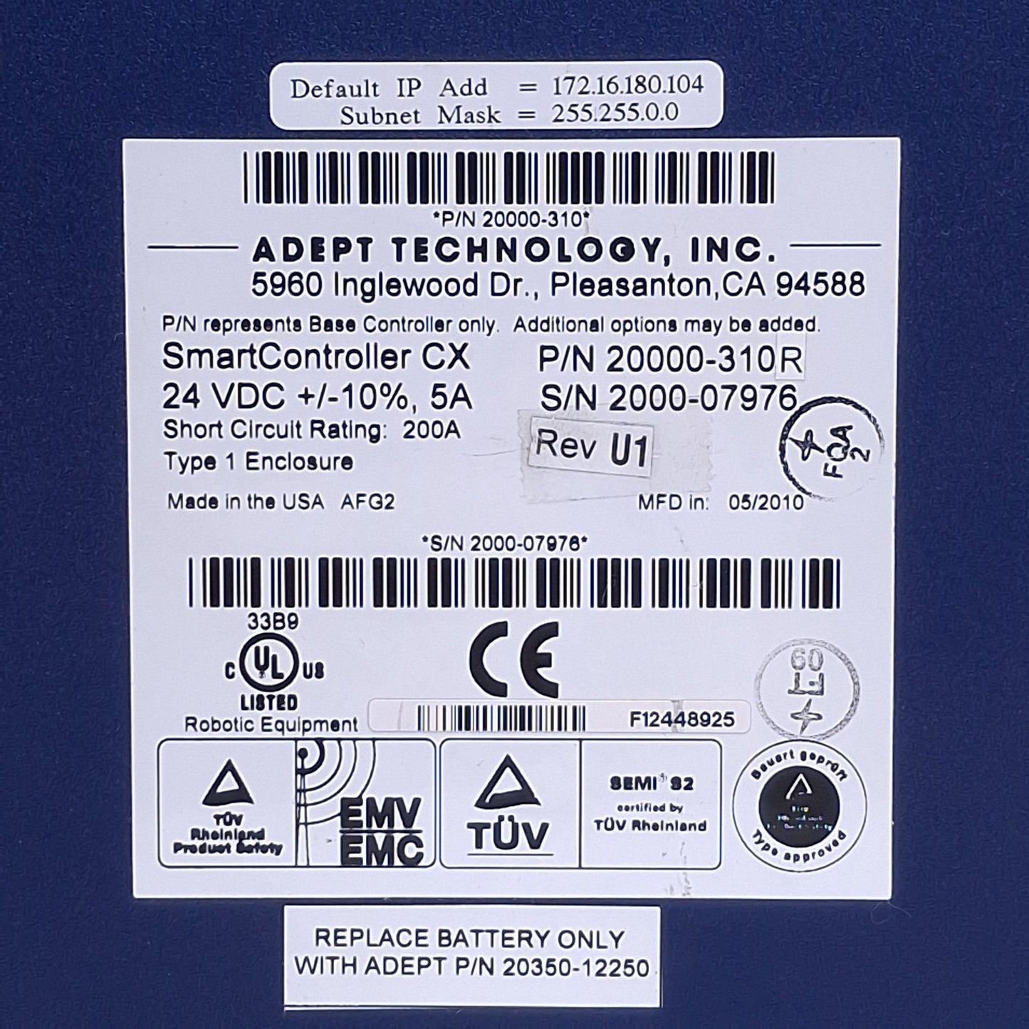 Used Adept 20000-310R Rev U1 SmartController CX w/ 128MB CF Card, IEEE-1394, 24VDC