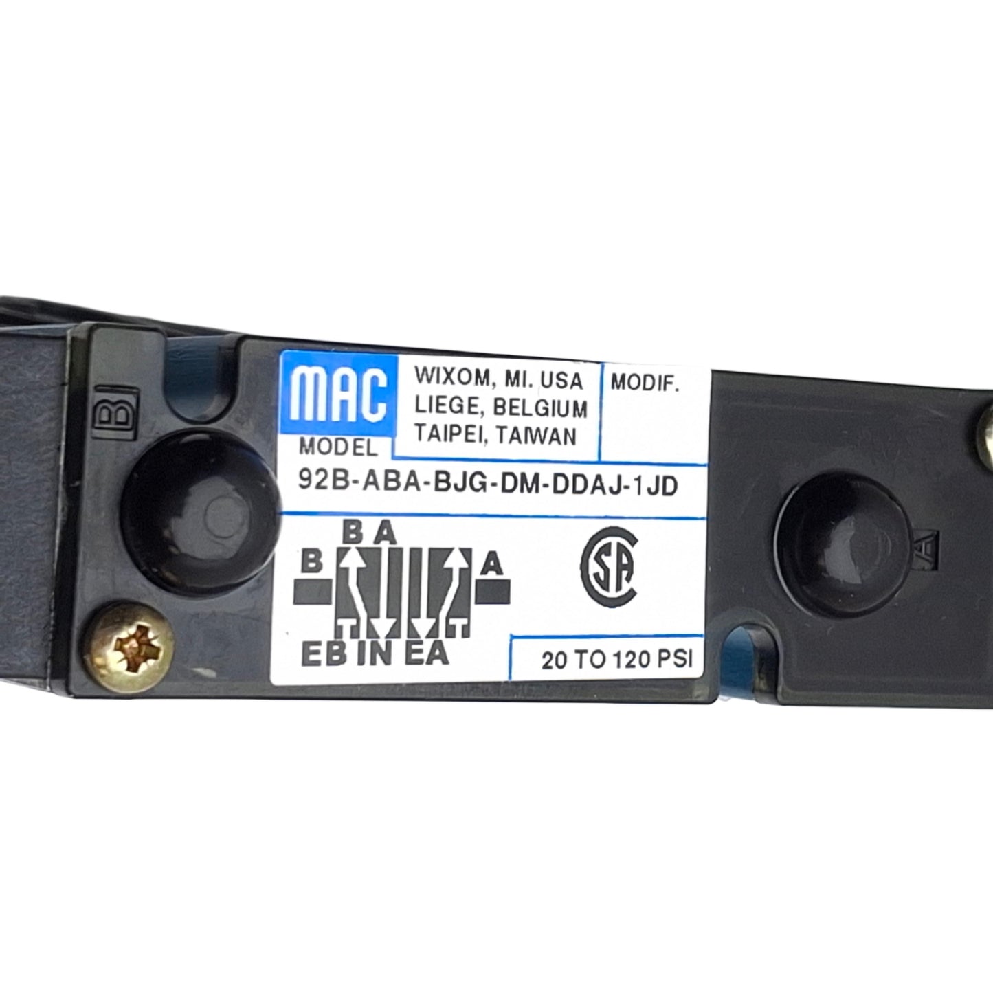New – Open box Mac Valves 92B-ABA-BJG-DM-DDAJ-1JD Solenoid Valve, 5/2Way, 20-120Psi, 24VDC Coil