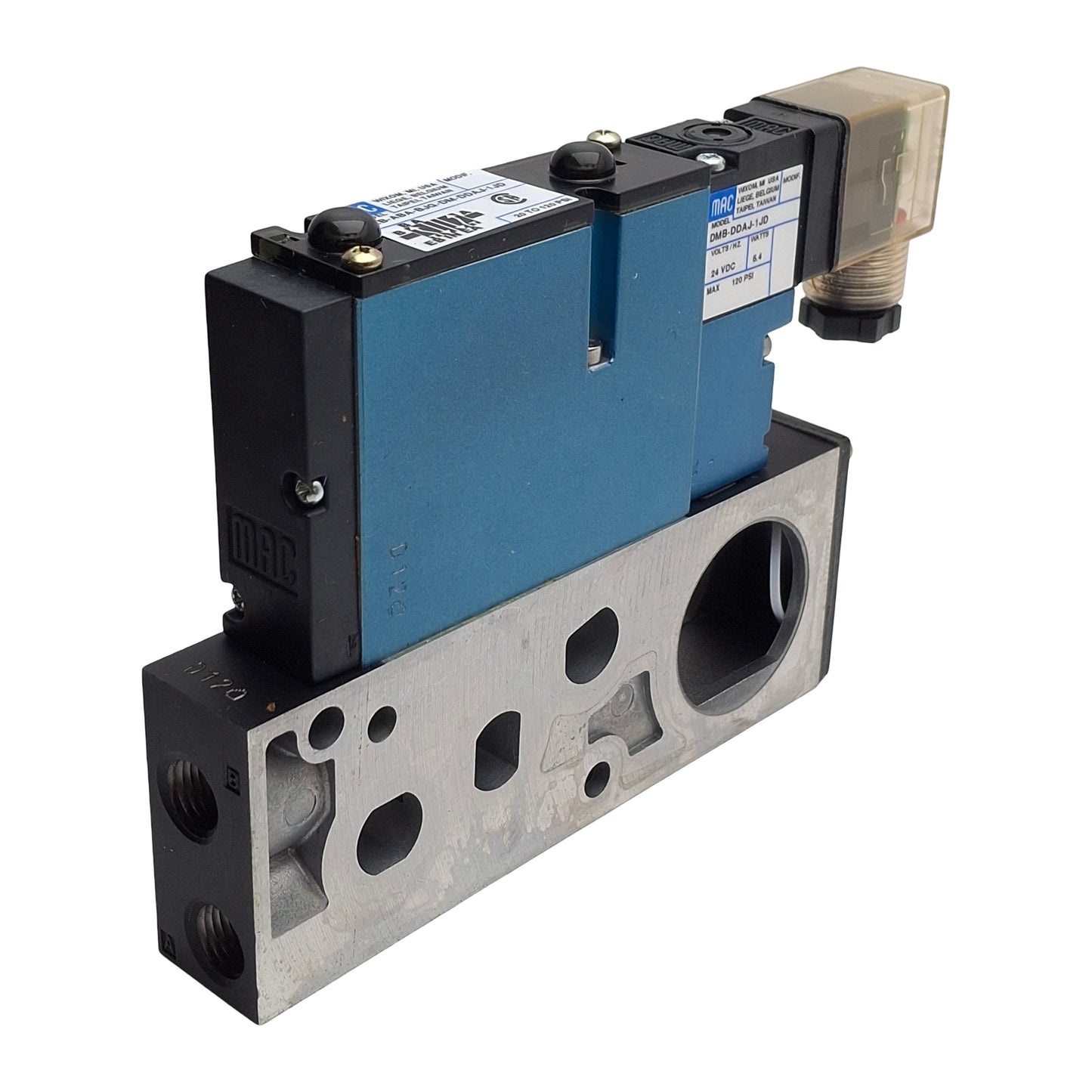 New – Open box Mac Valves 92B-ABA-BJG-DM-DDAJ-1JD Solenoid Valve, 5/2Way, 20-120Psi, 24VDC Coil