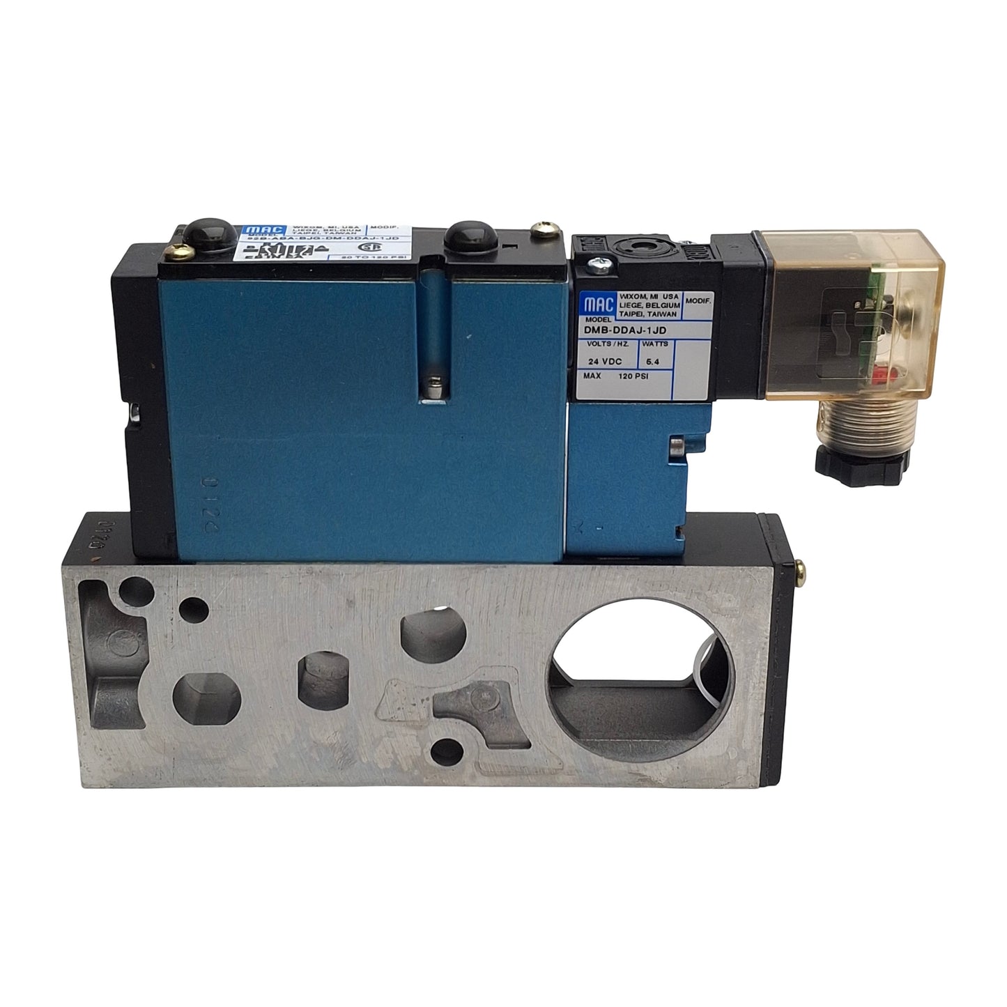 New – Open box Mac Valves 92B-ABA-BJG-DM-DDAJ-1JD Solenoid Valve, 5/2Way, 20-120Psi, 24VDC Coil