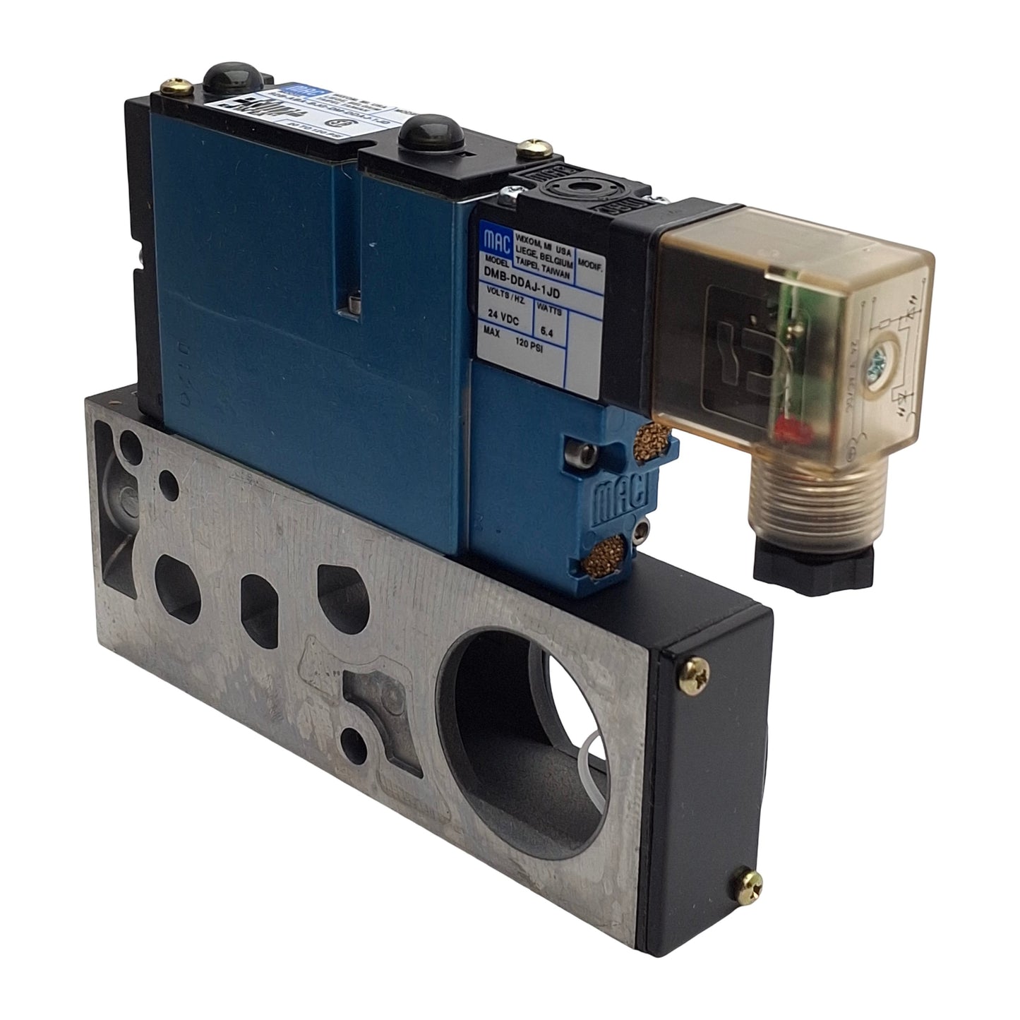New – Open box Mac Valves 92B-ABA-BJG-DM-DDAJ-1JD Solenoid Valve, 5/2Way, 20-120Psi, 24VDC Coil
